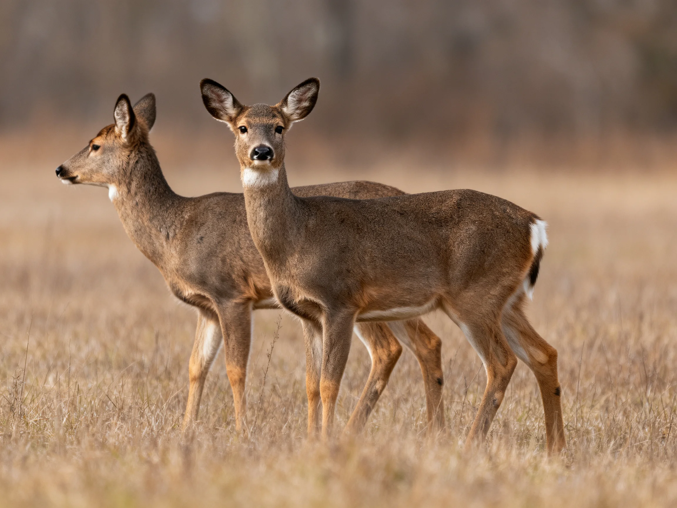 Two deer with brown coats in a golden grassy field