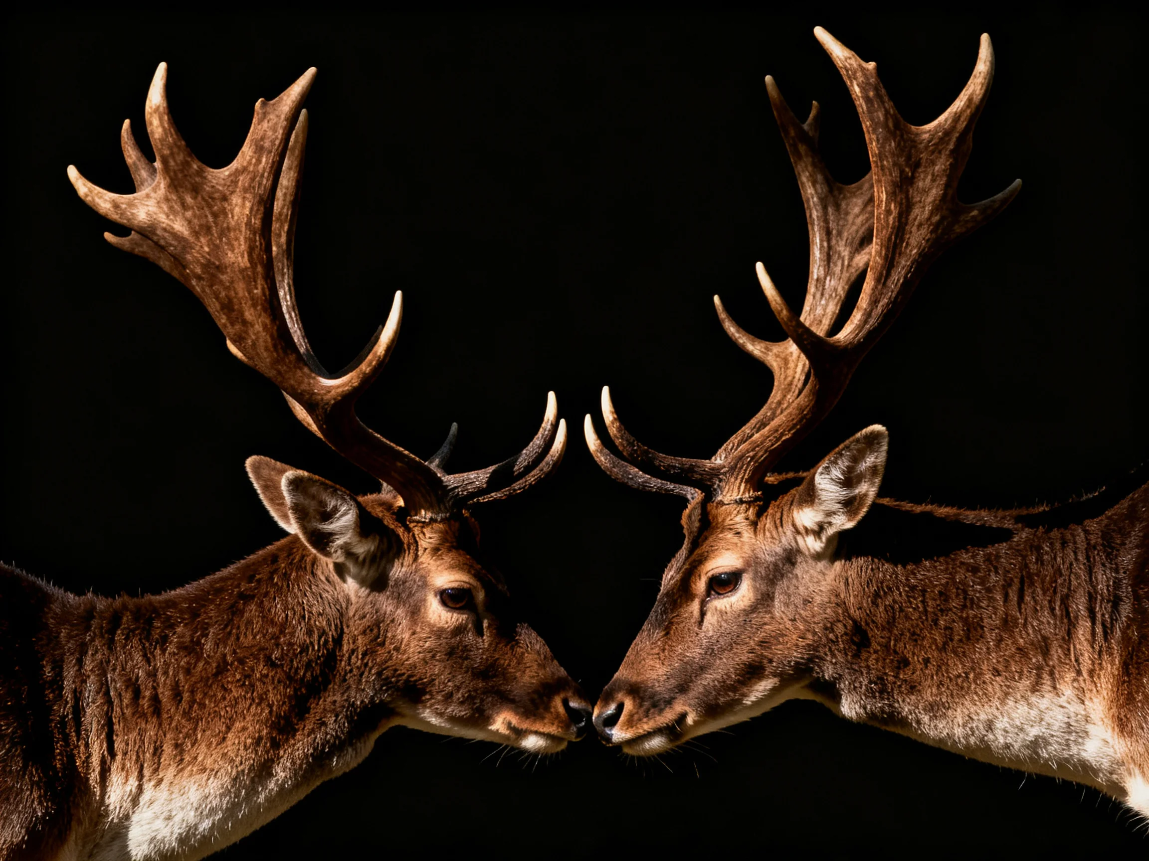 Two deer with large antlers face each other on a black background
