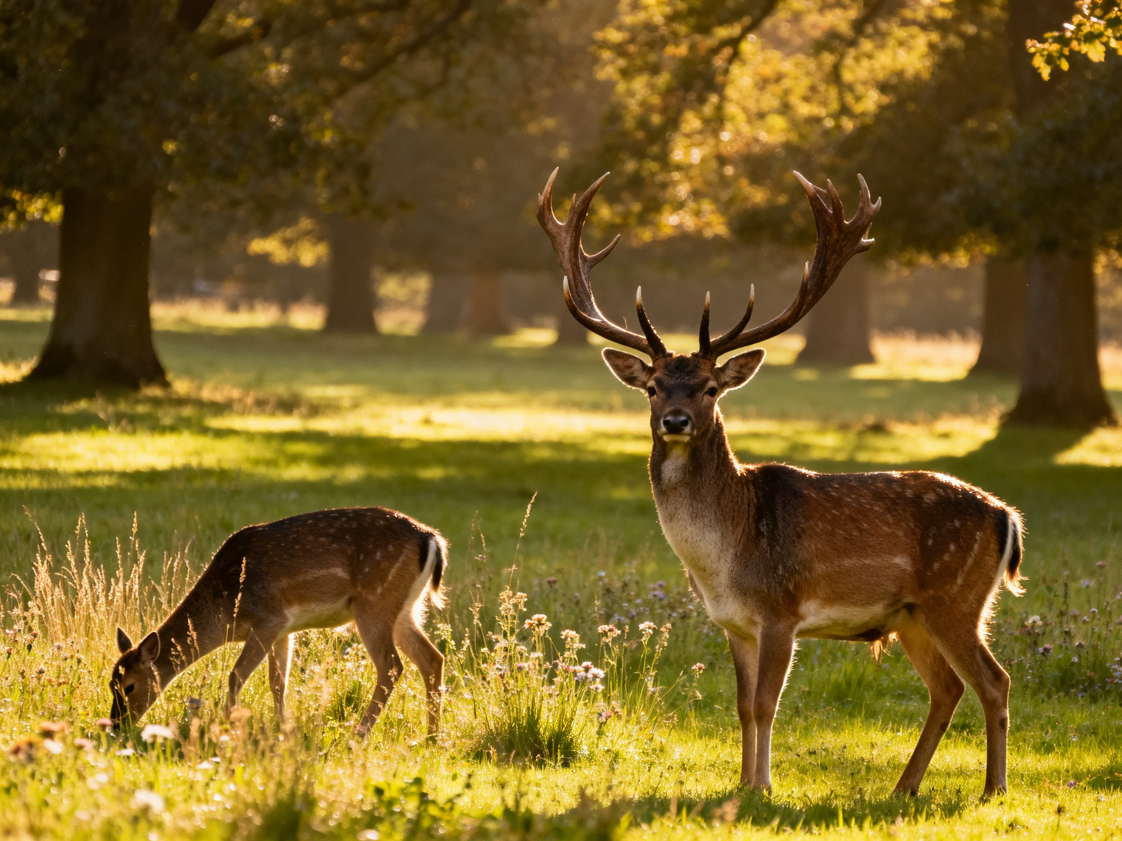 Two deer with large antlers graze in a sunlit forest glade