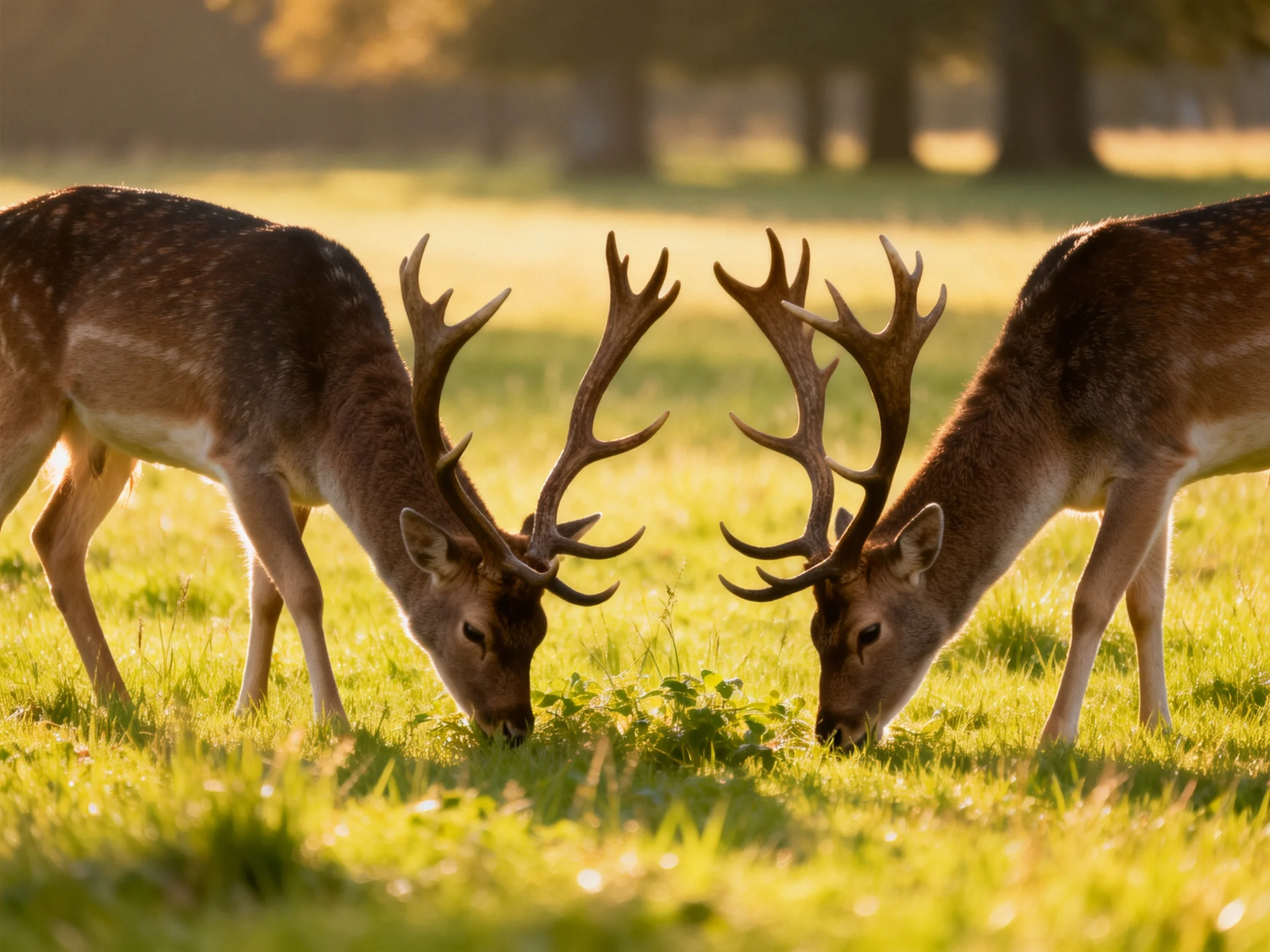 Two deer with large antlers graze in a sunlit green meadow