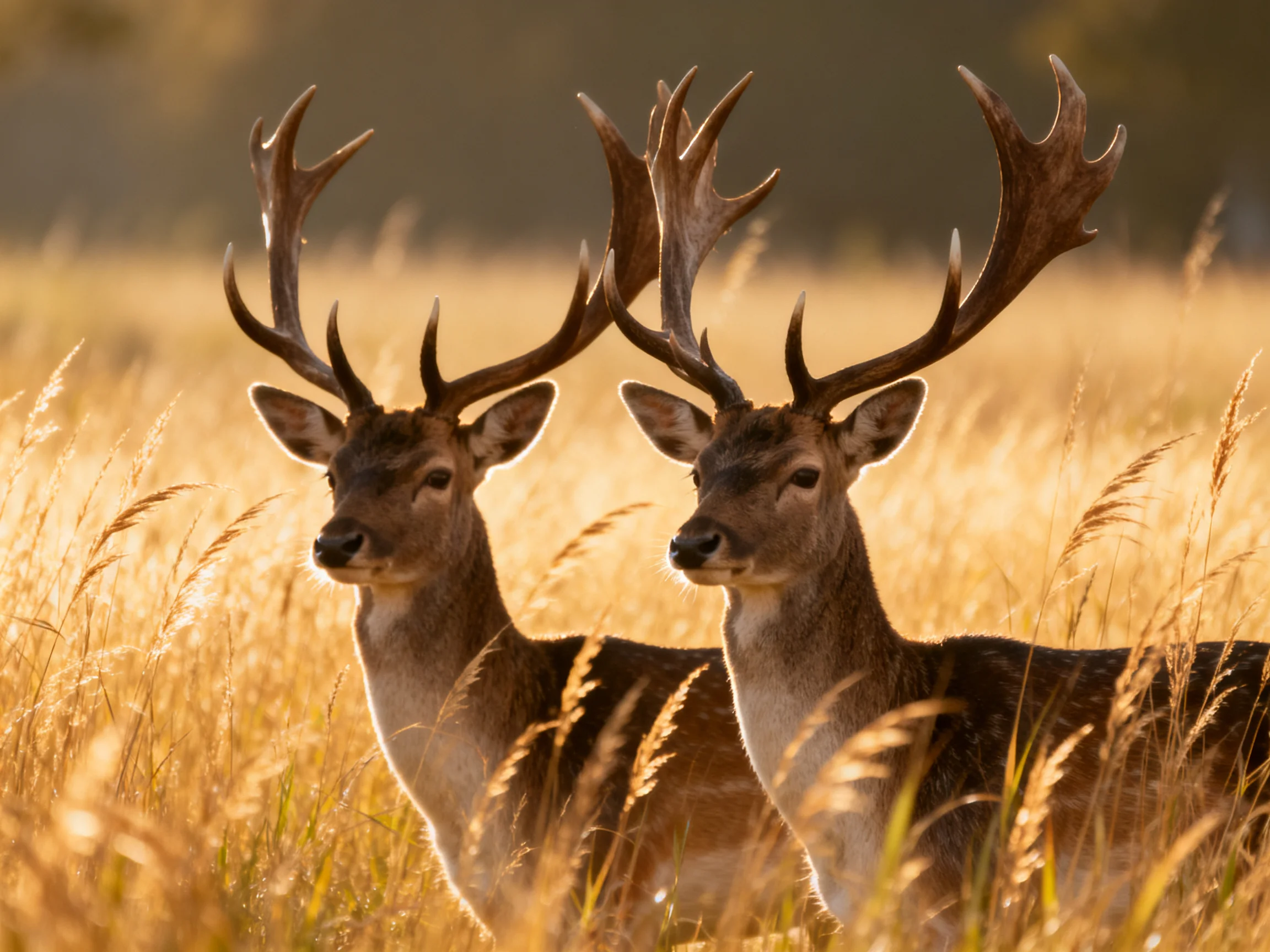 Two deer with large antlers in golden grassy field
