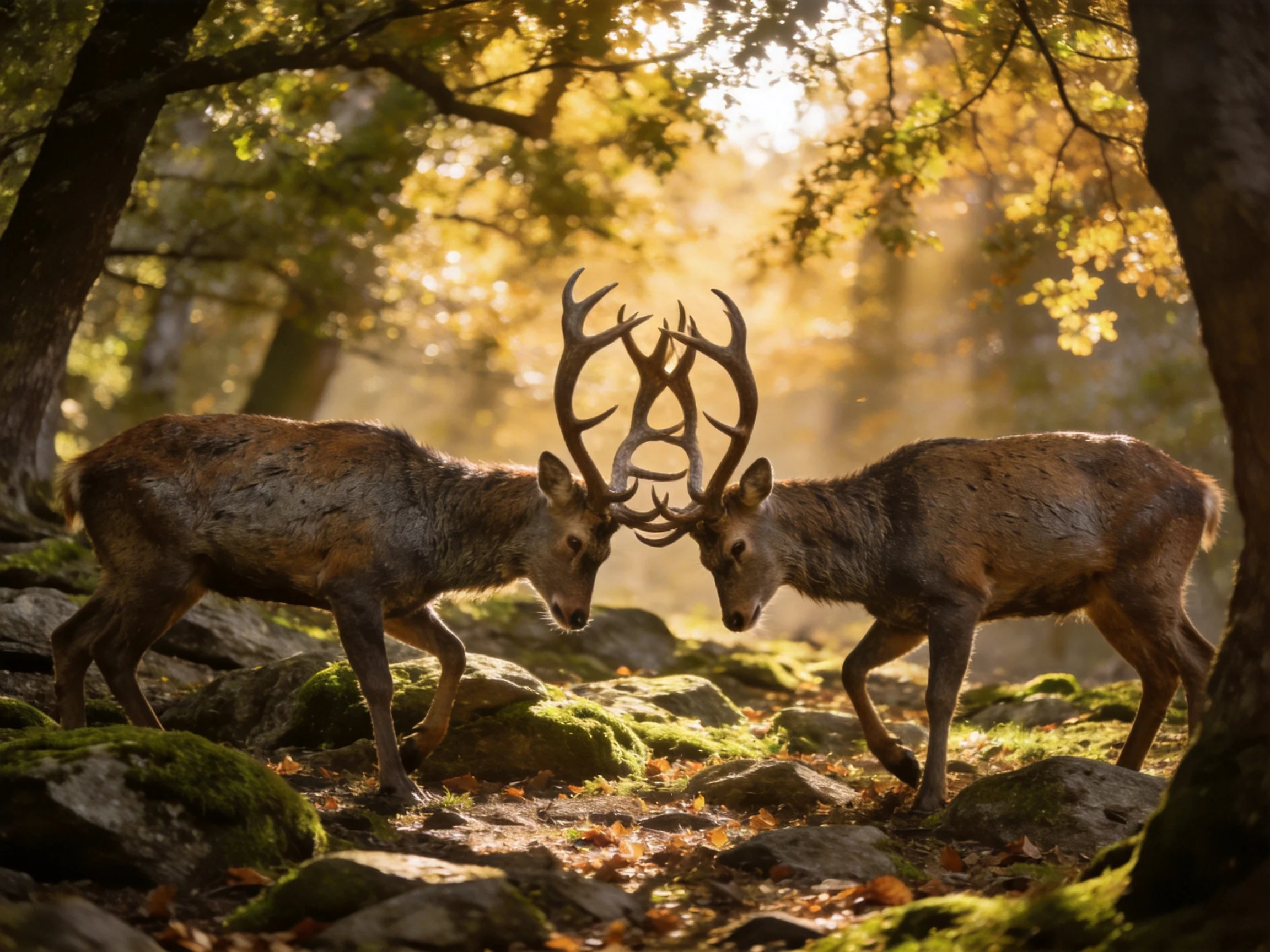 Two deer with large antlers interact in a sunlit forest clearing