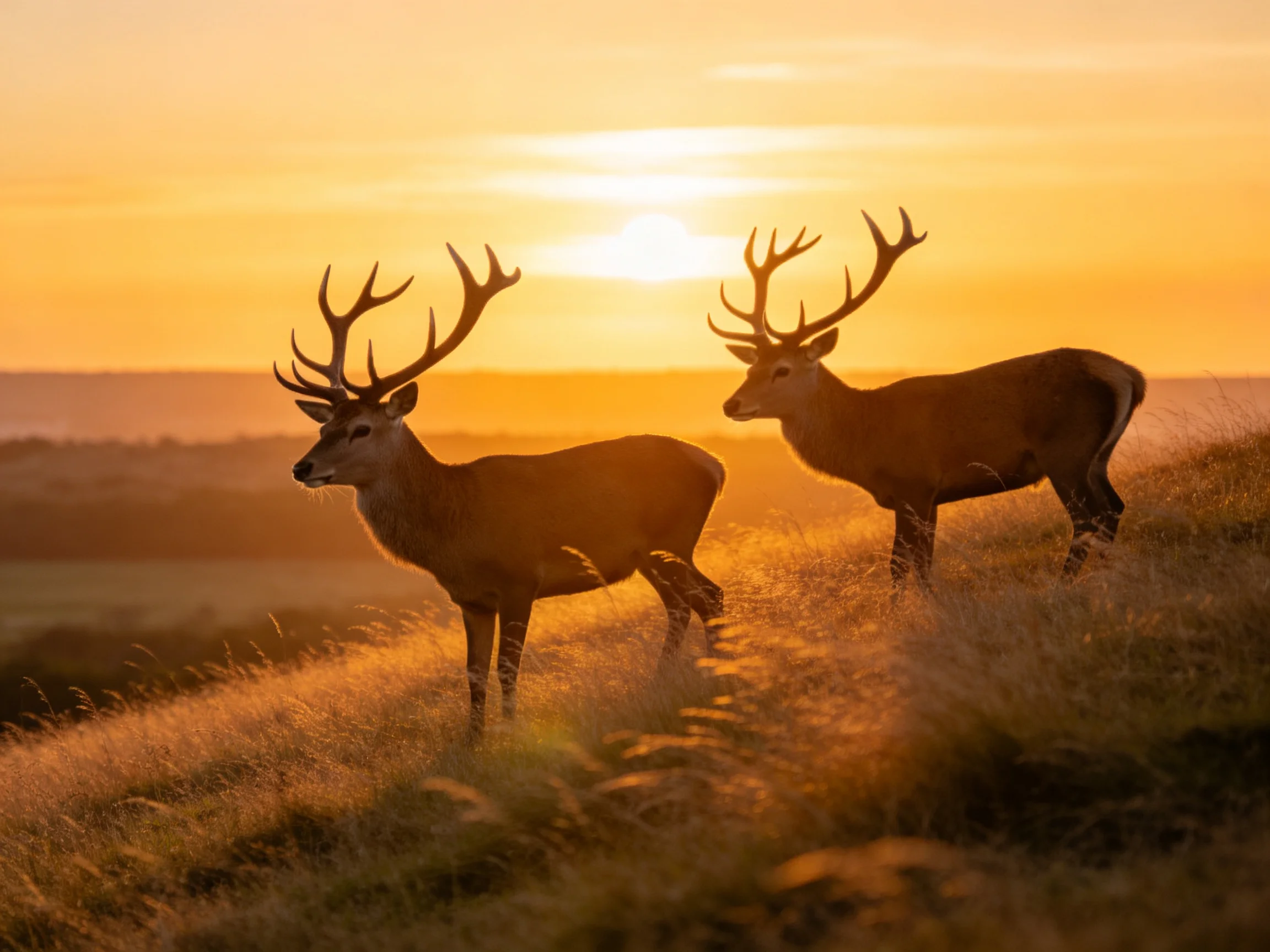 Two deer with large antlers stand on a golden grassy hill during sunset
