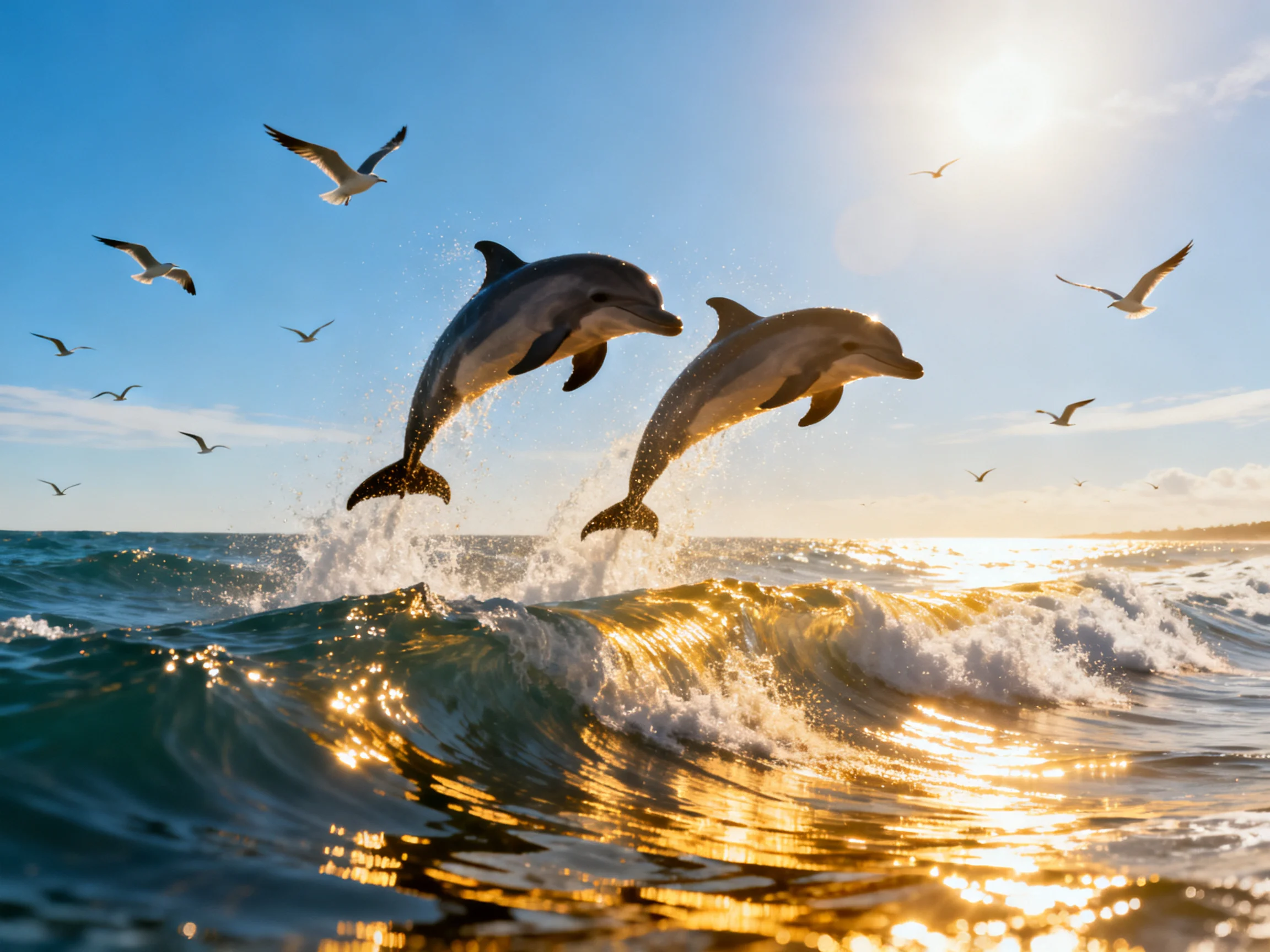 Two dolphins leap from sunlit ocean waves among seagulls