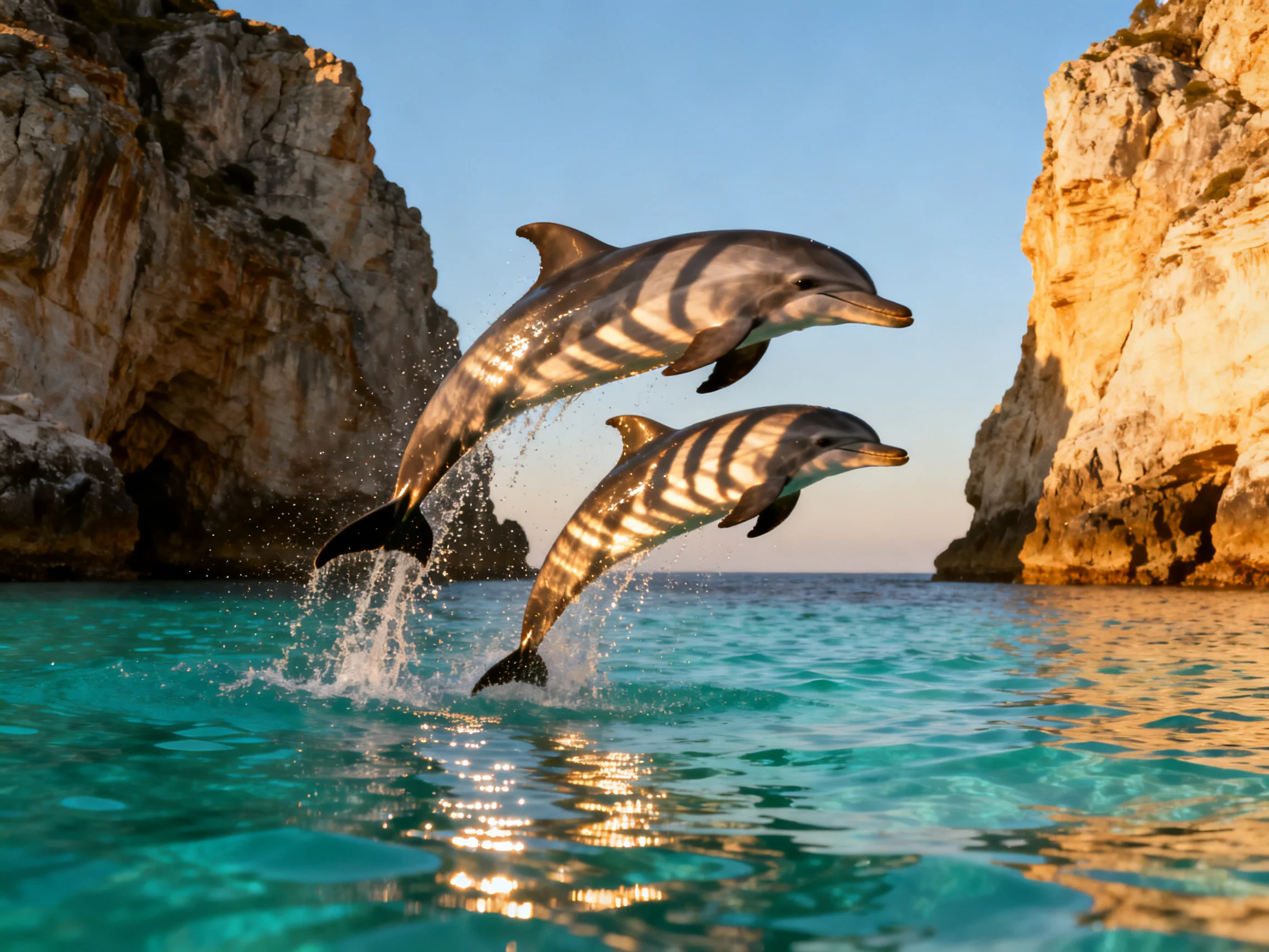 Two dolphins leap from turquoise water beside rocky cliffs