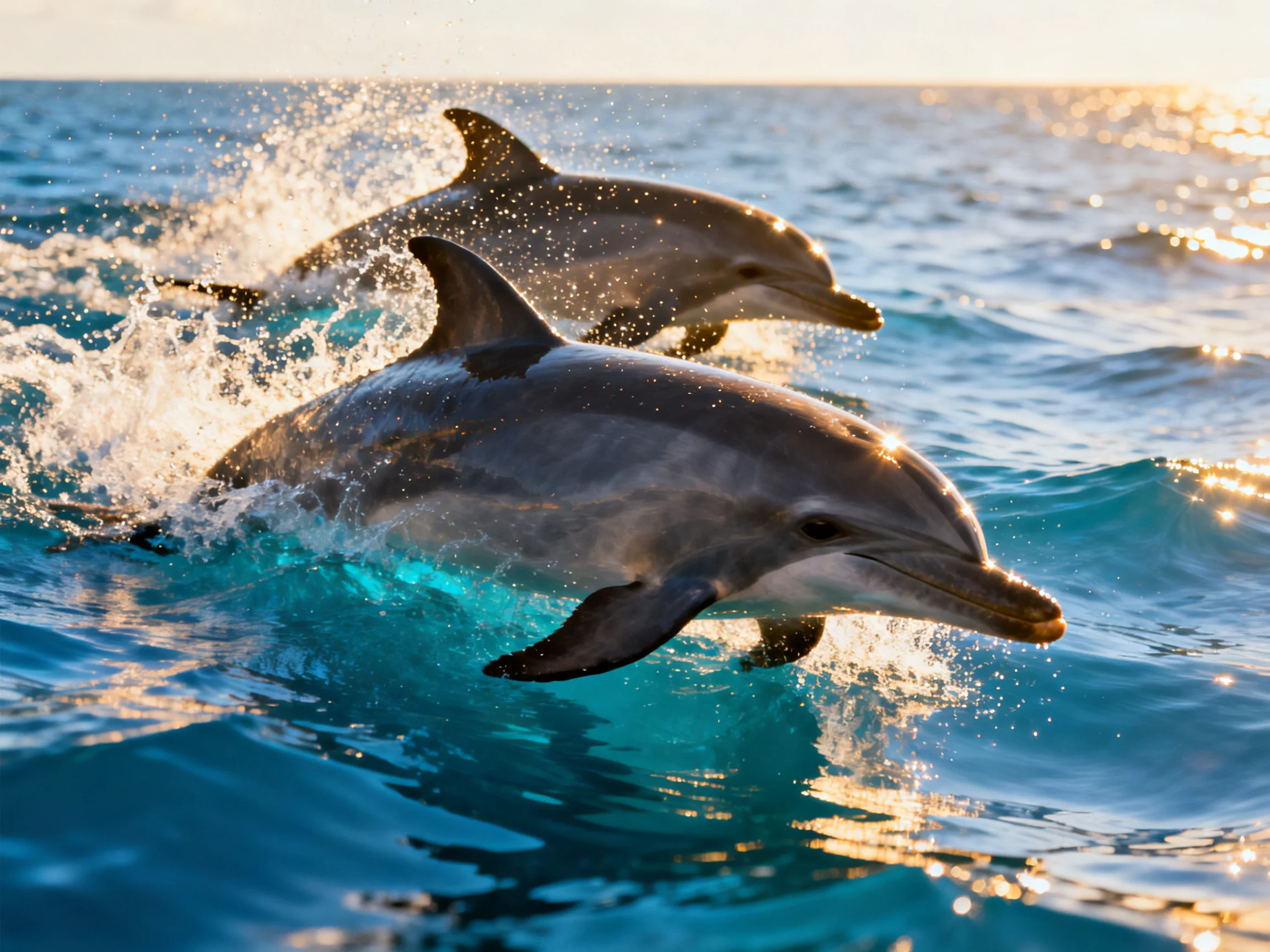 Two dolphins leap from turquoise waters during a sunny day.
