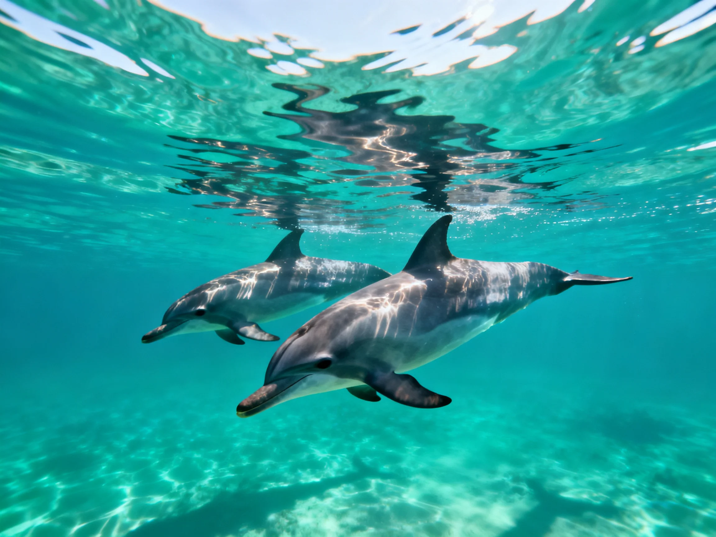Two dolphins swim in vibrant turquoise ocean waters near the surface