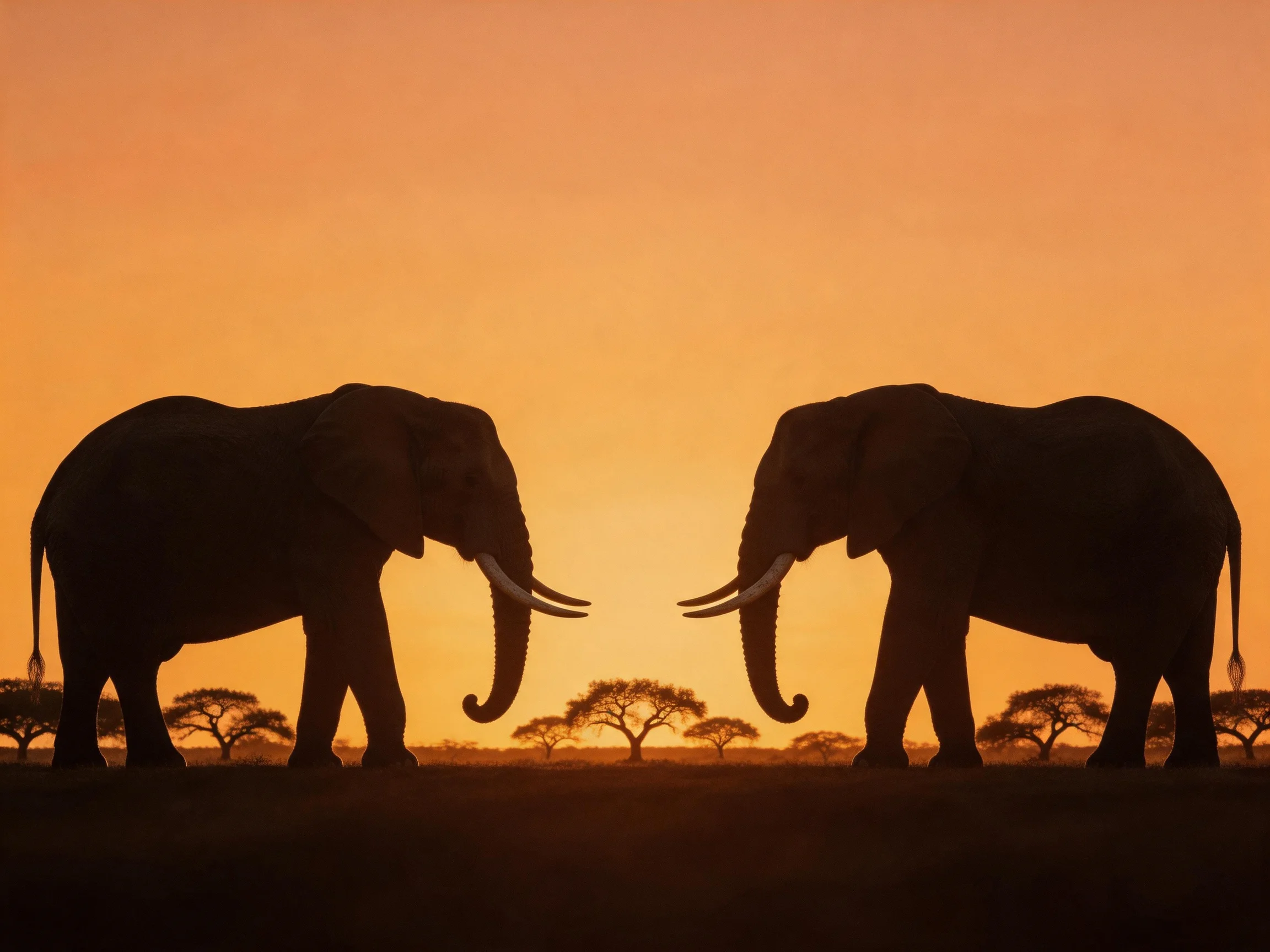 Two elephant silhouettes face eachother under a warm orange sunset sky