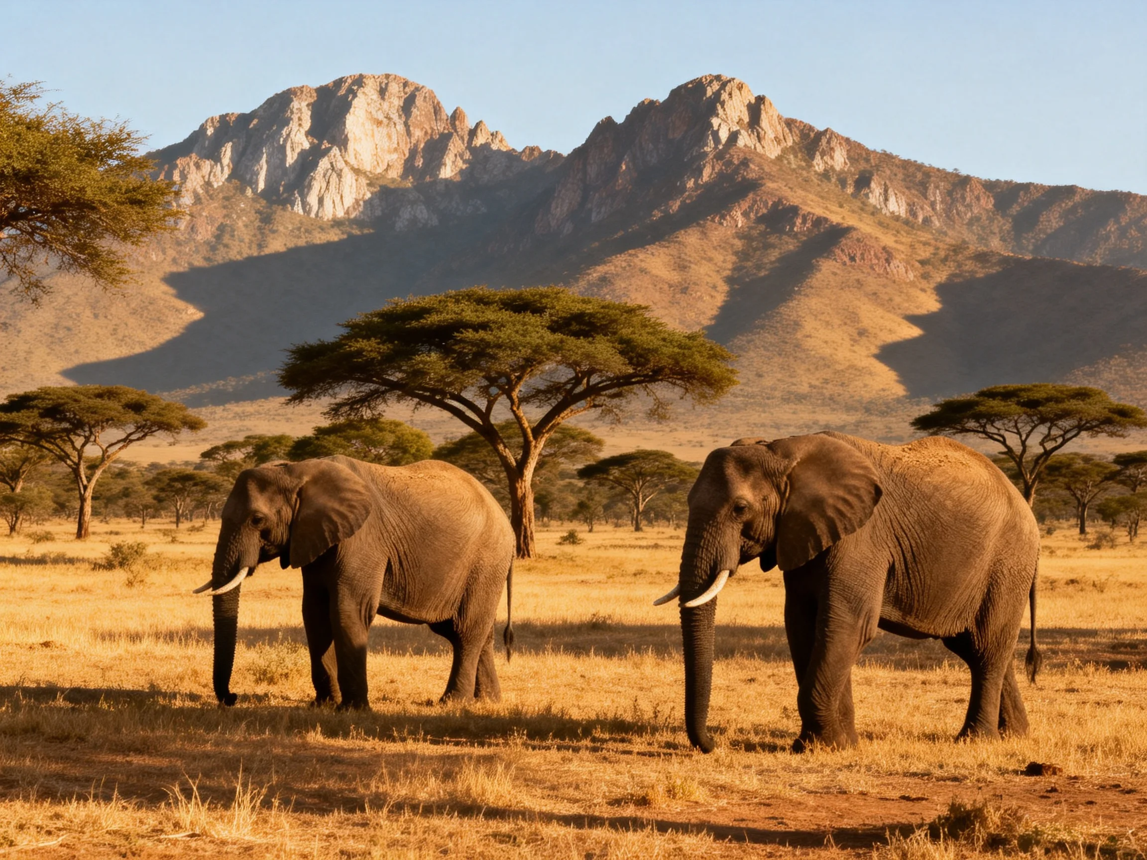 Two elephants in a golden savannah with rocky mountains