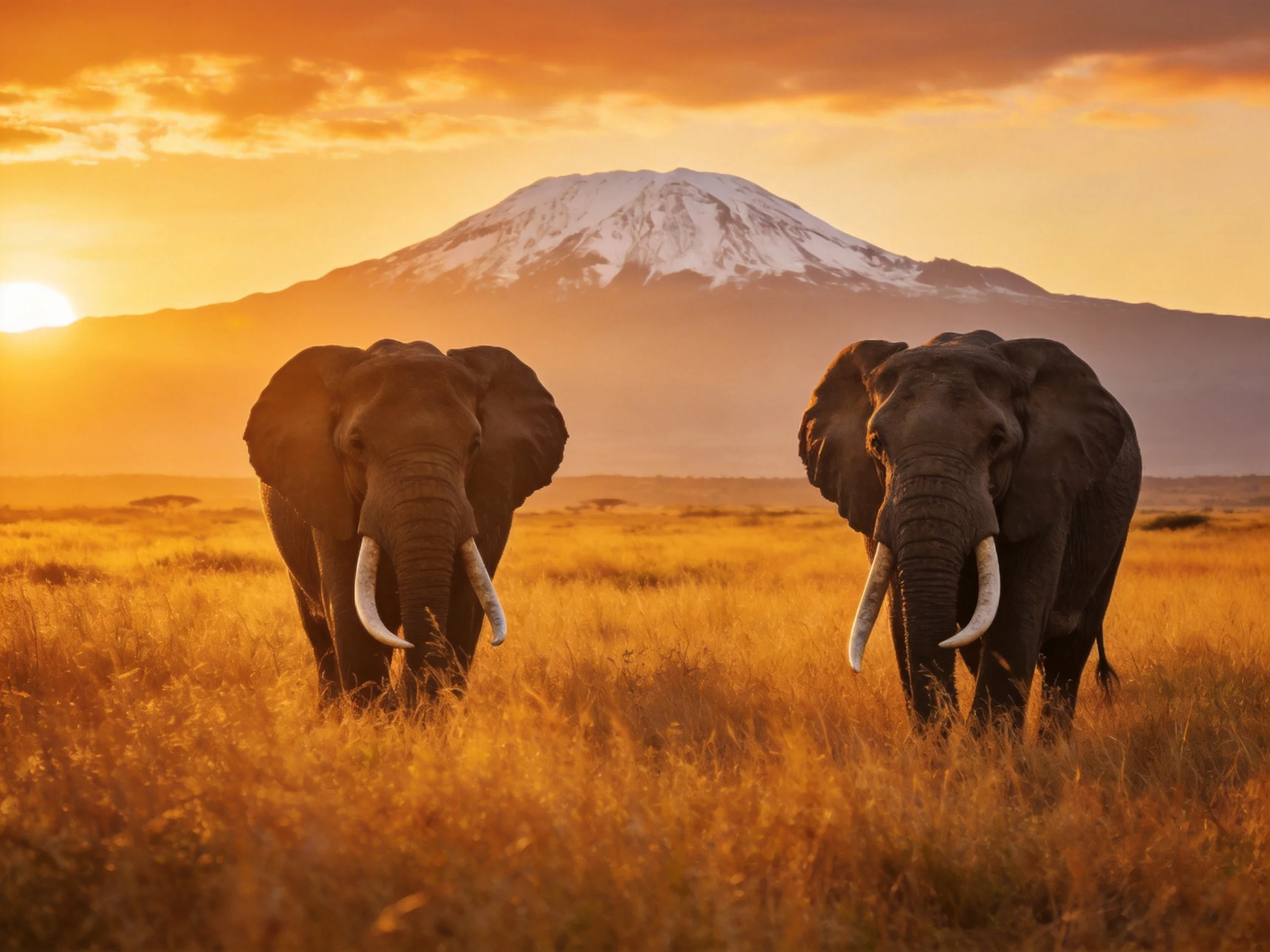 Two elephants in golden savannah near snow-capped mountain at sunset