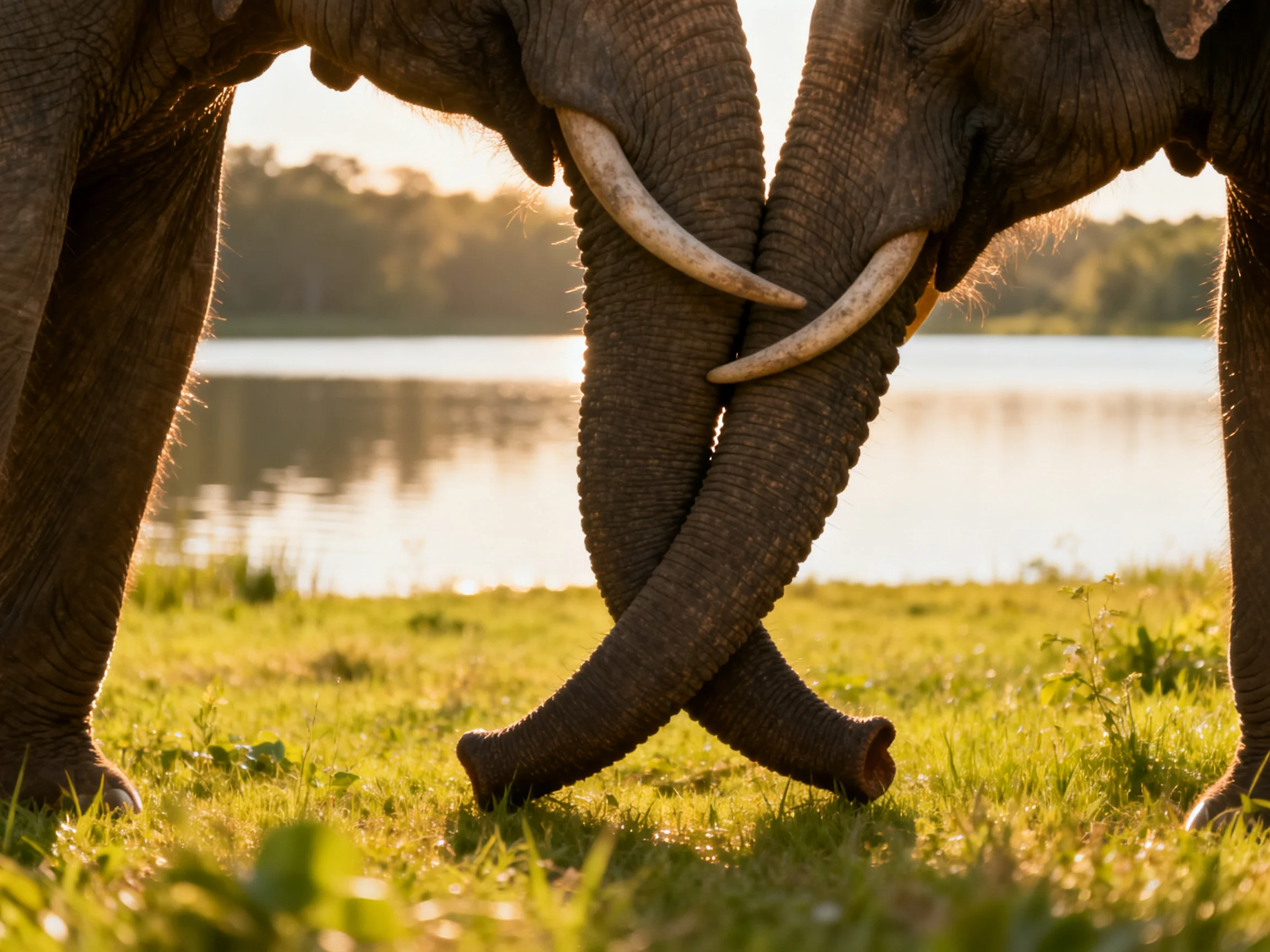 Two elephants interact with crossed trunks beside a calm body of water.