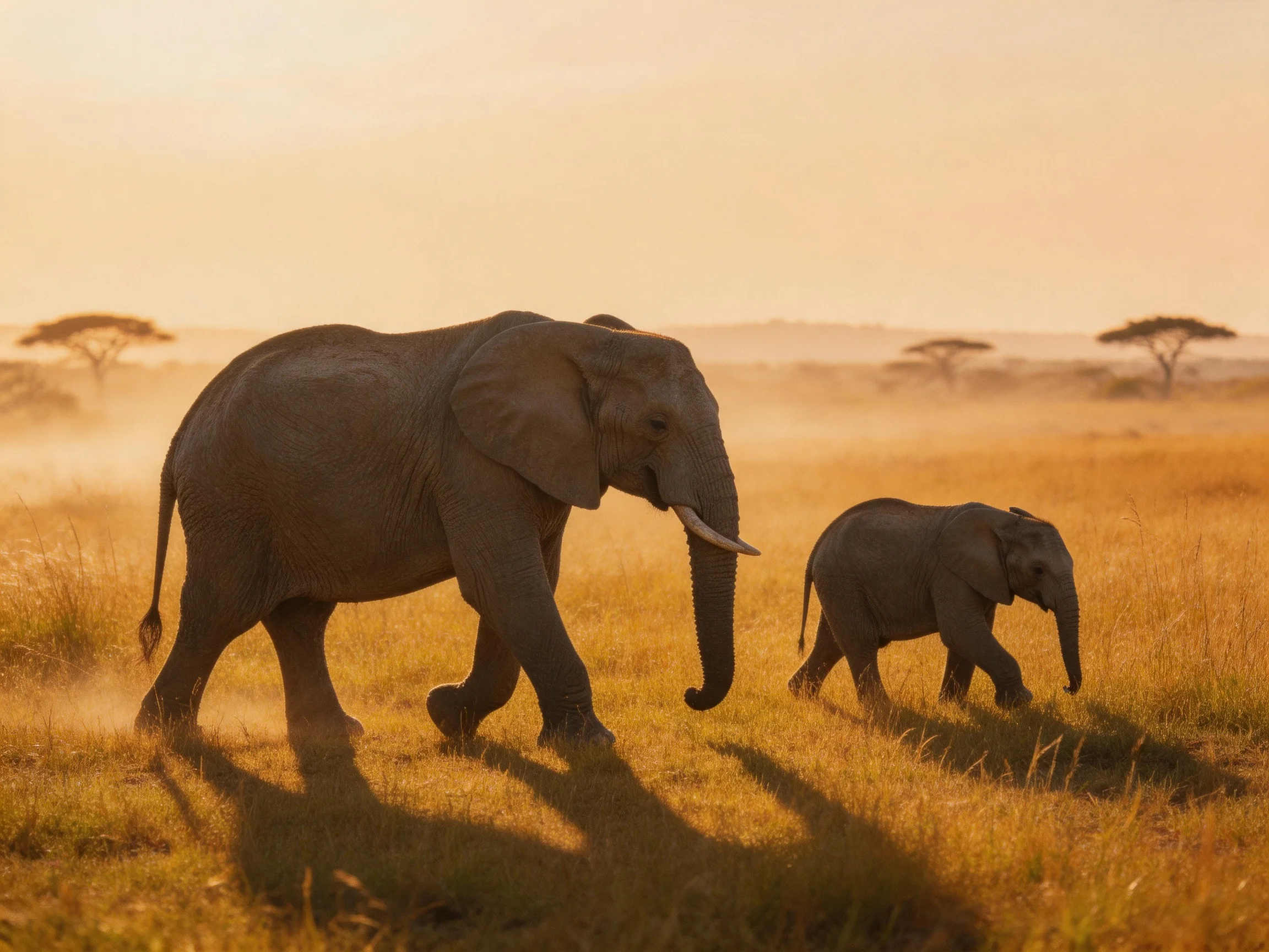 Two elephants walk through a golden savannah field during sunset