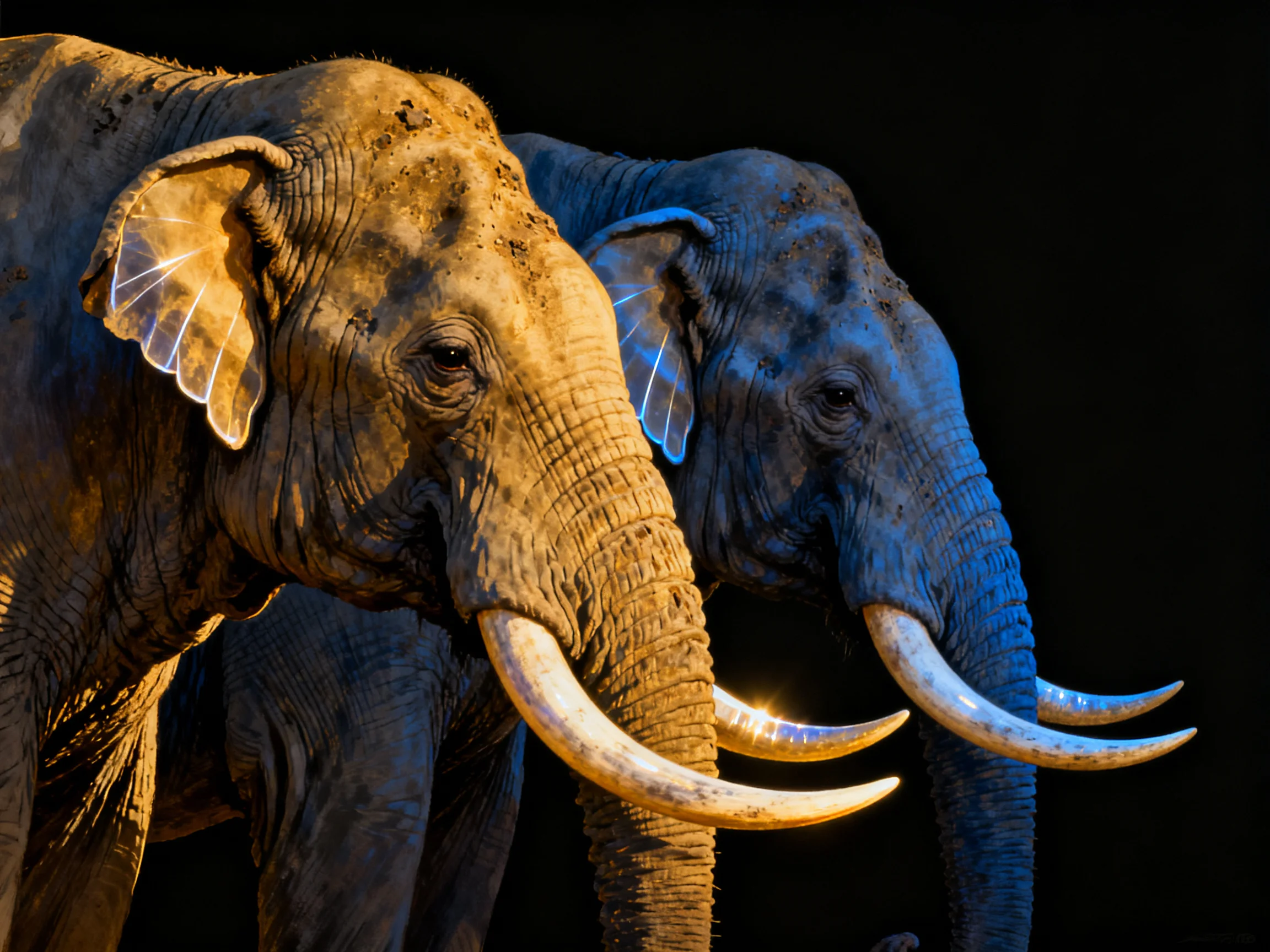 Two elephants with large tusks under contrasting golden and blue lighting