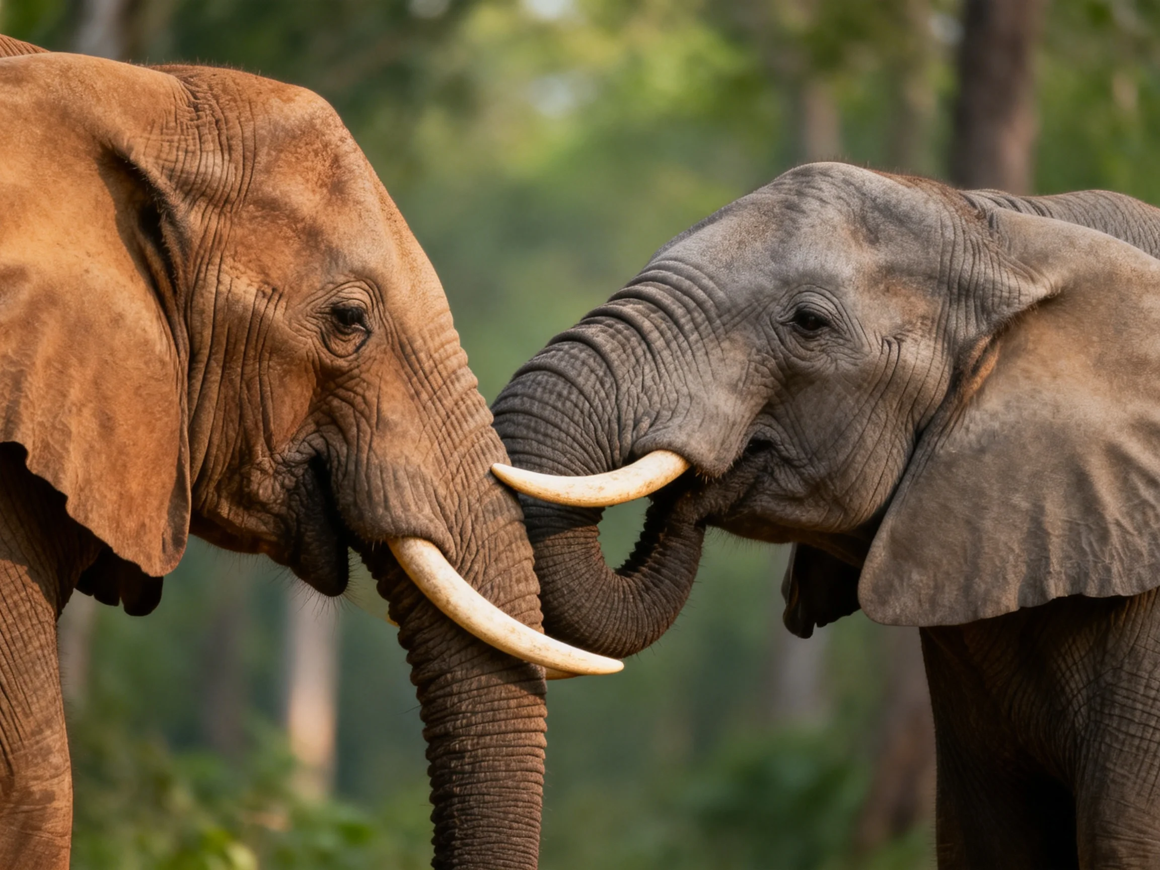 Two elephants with long tusks connect trunks in a forest