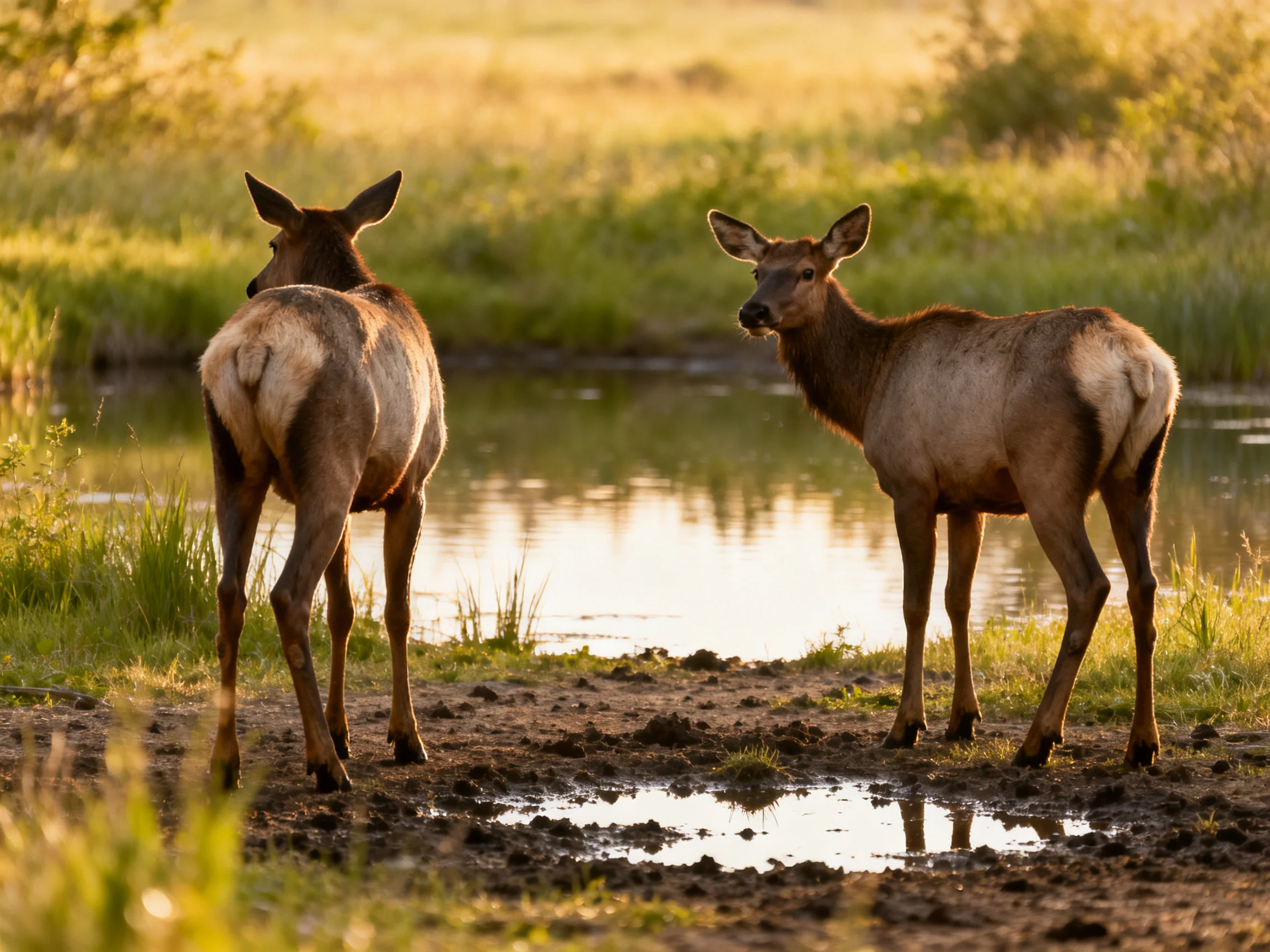 Two elk stand by a calm streamin golden-hour light