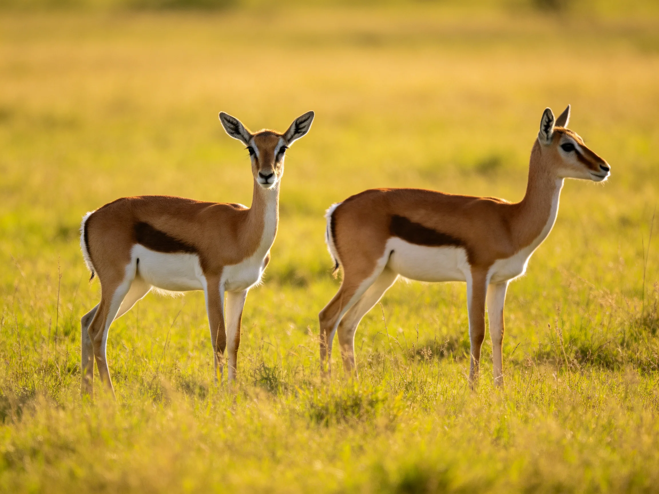 Two gazelles with brown and white coats in a sunlit grassy field