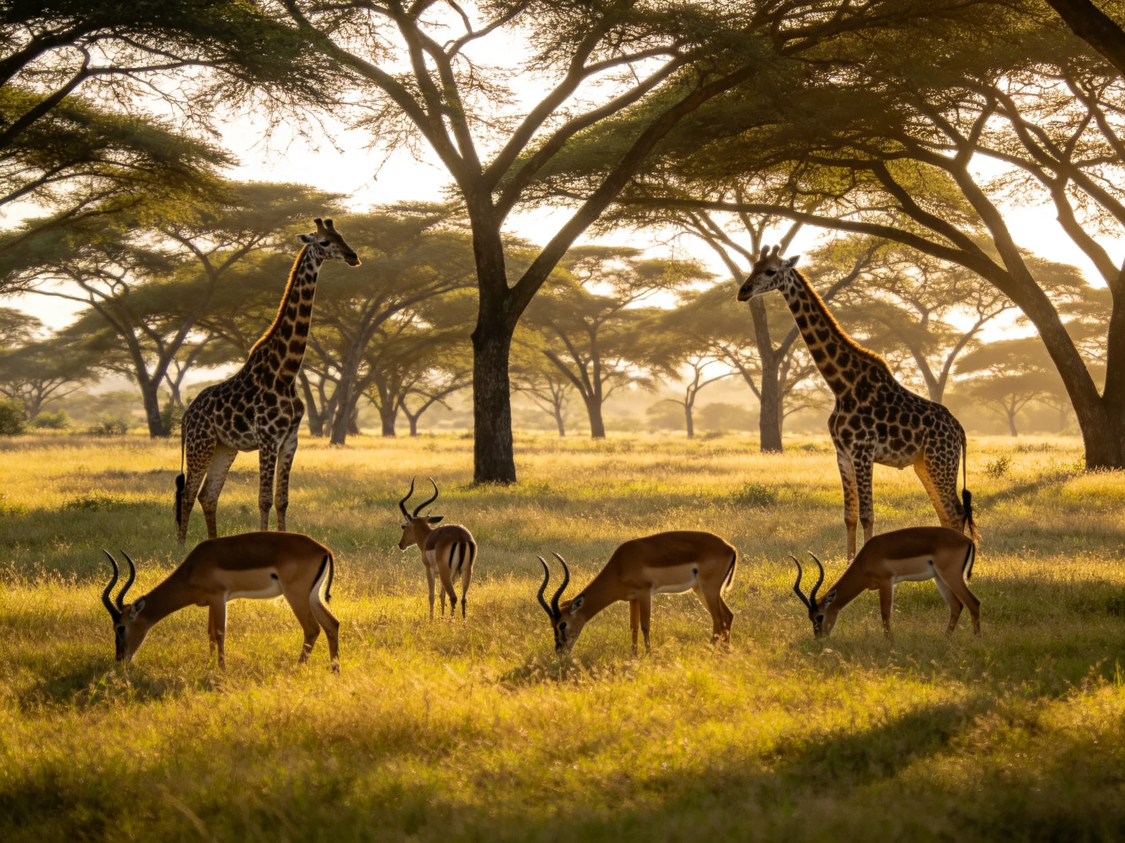 Two giraffes and four antelopes in a sunlit savannah landscape