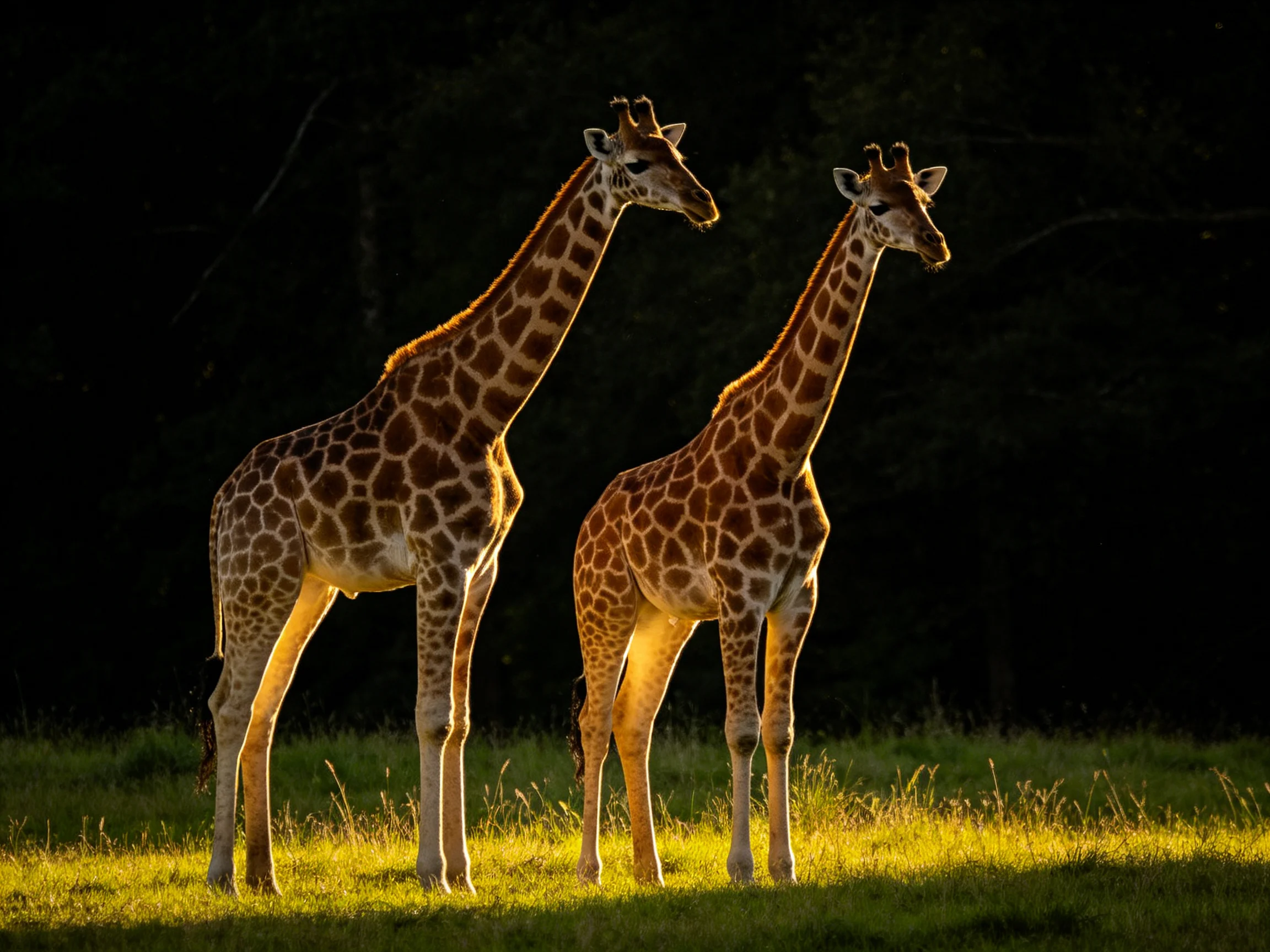 Two giraffes bathed in golden light near a dark forest