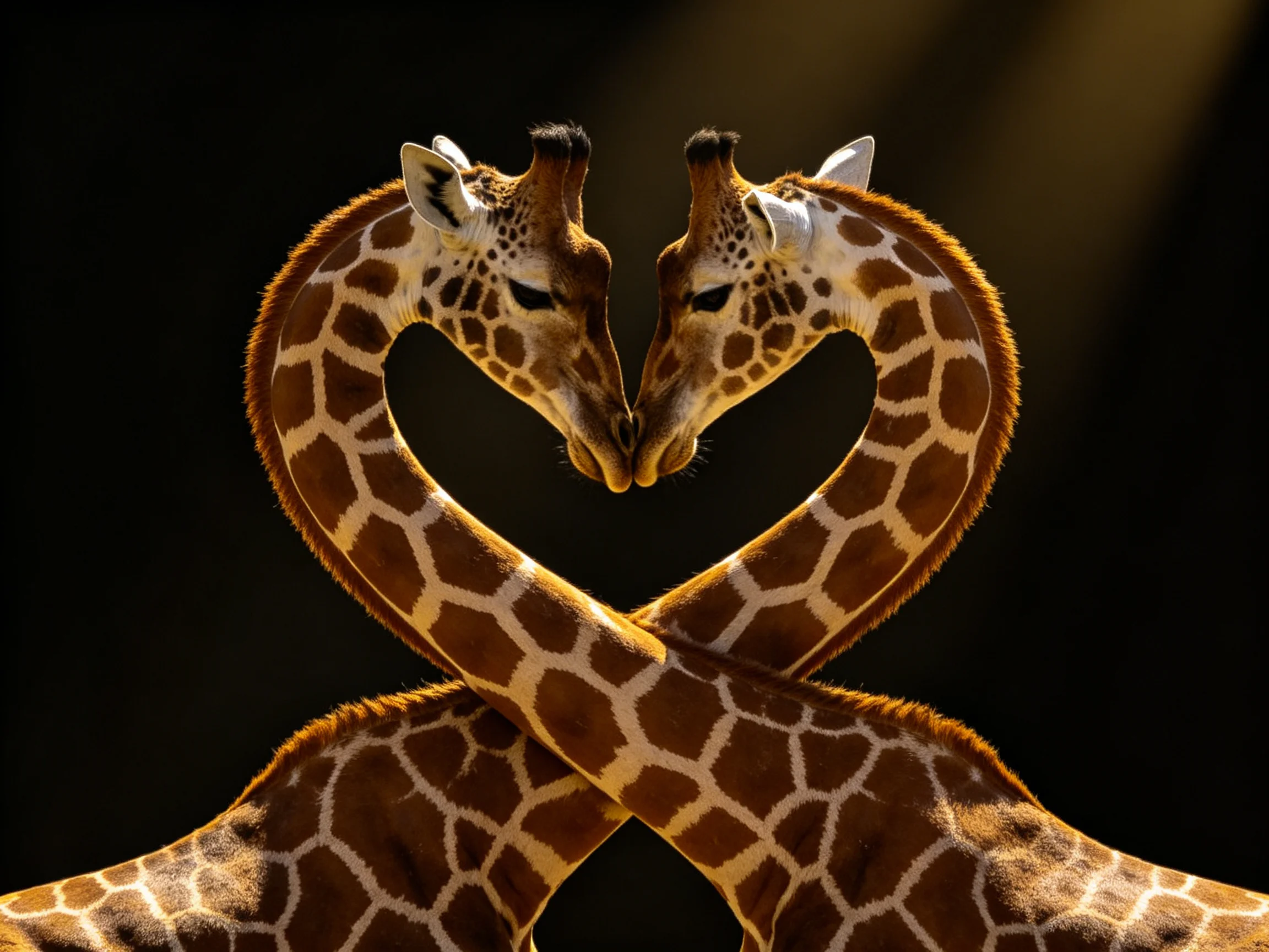 Two giraffes form a heart shape with their necks against a dark backdrop