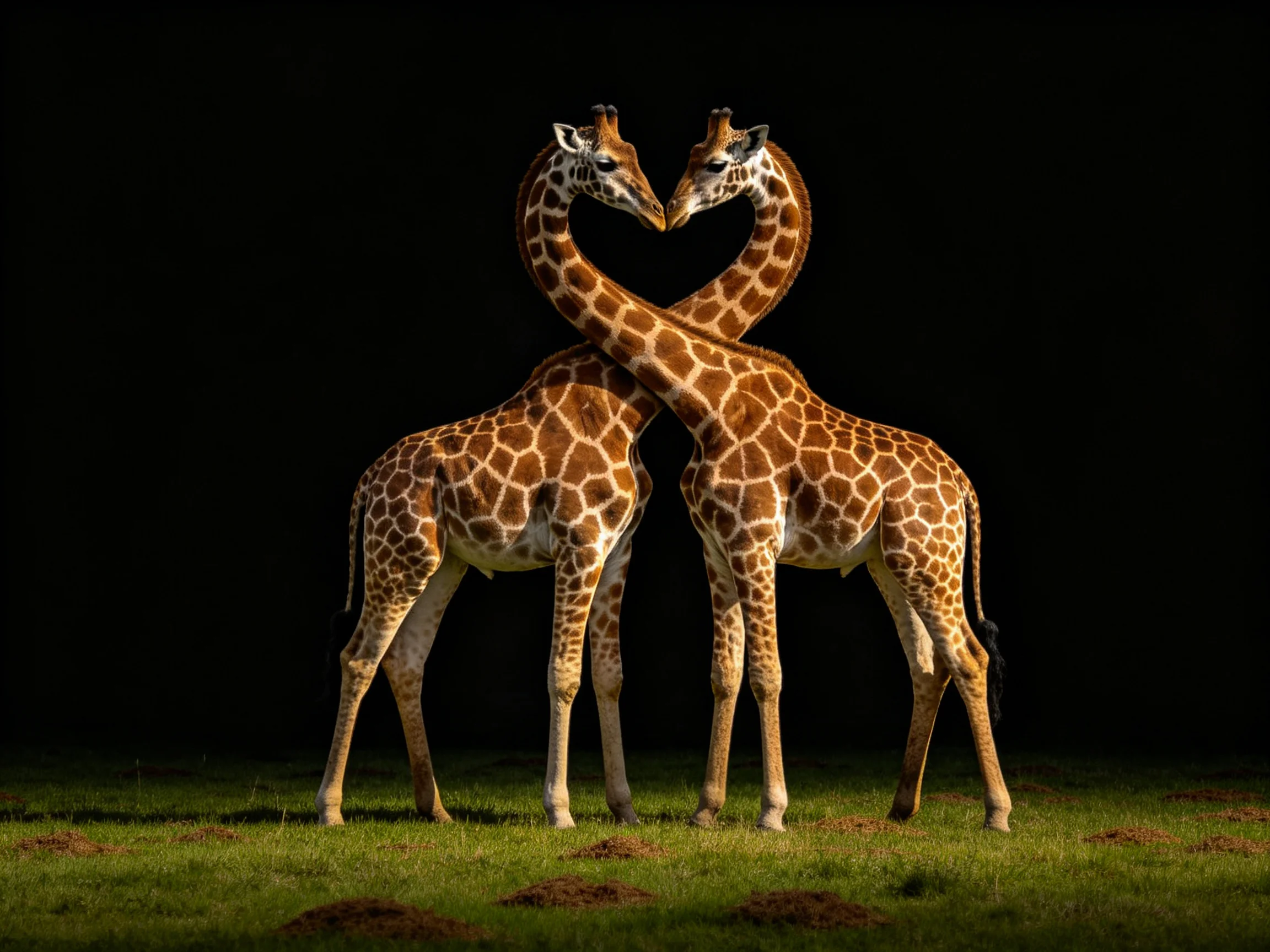 Two giraffes form a heart shape with their necks against a dark backdrop