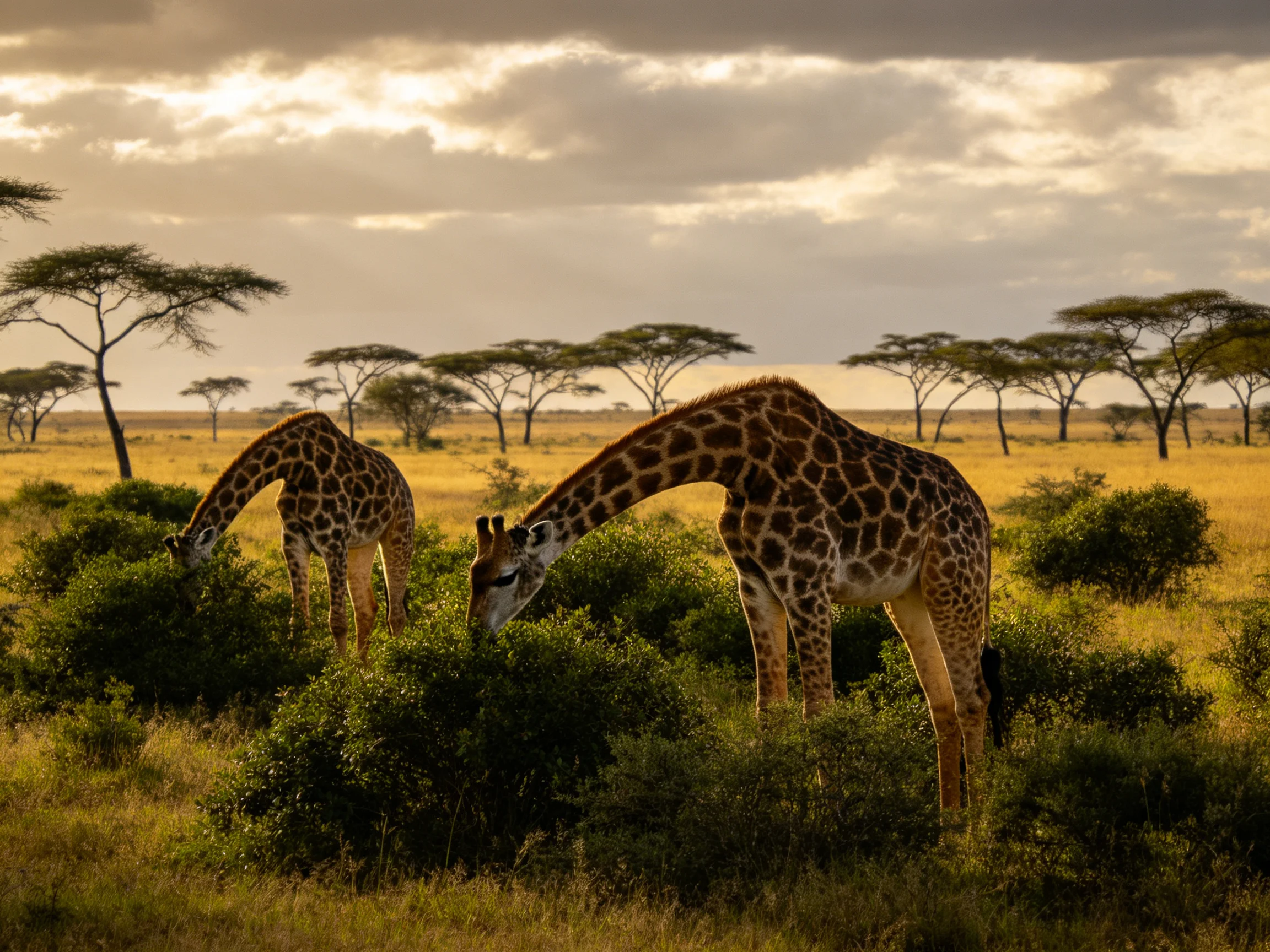 Two giraffes feed from low vegetation in an open savannah setting.