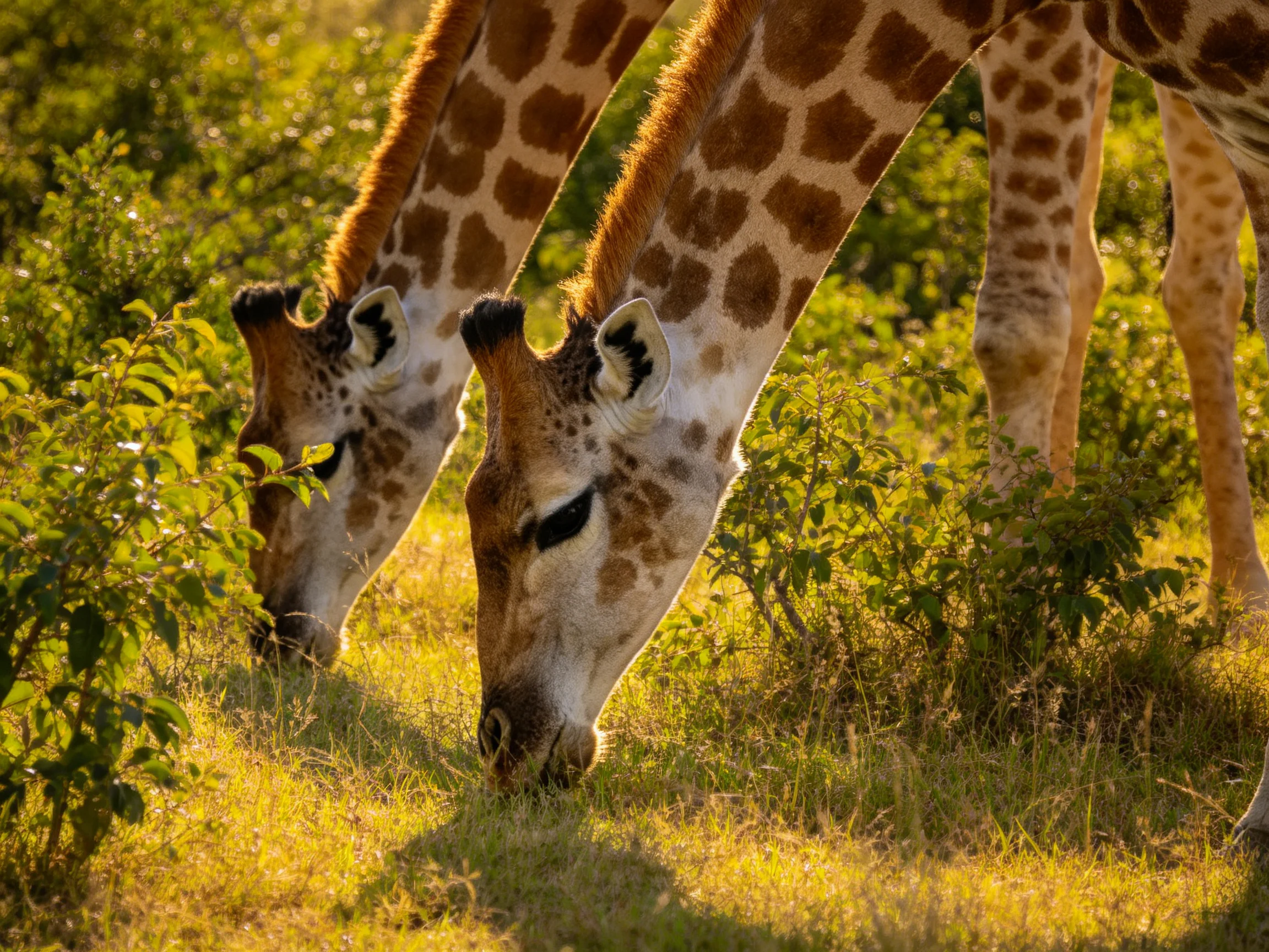 Two giraffes graze near dense green shrubs with warm golden light