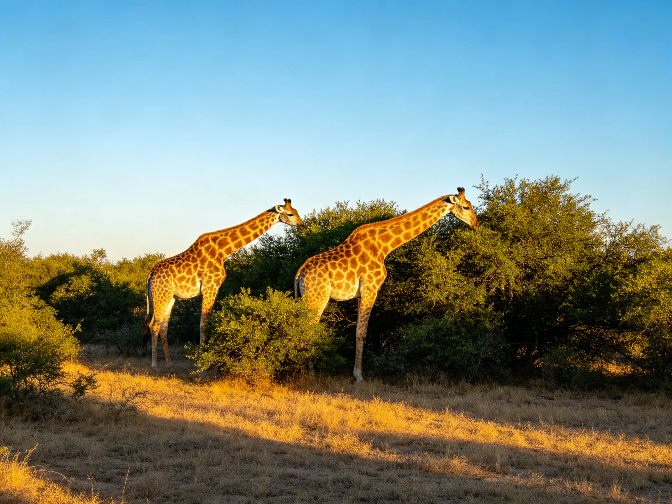 Two giraffes graze near lush green bushes under golden sunlight