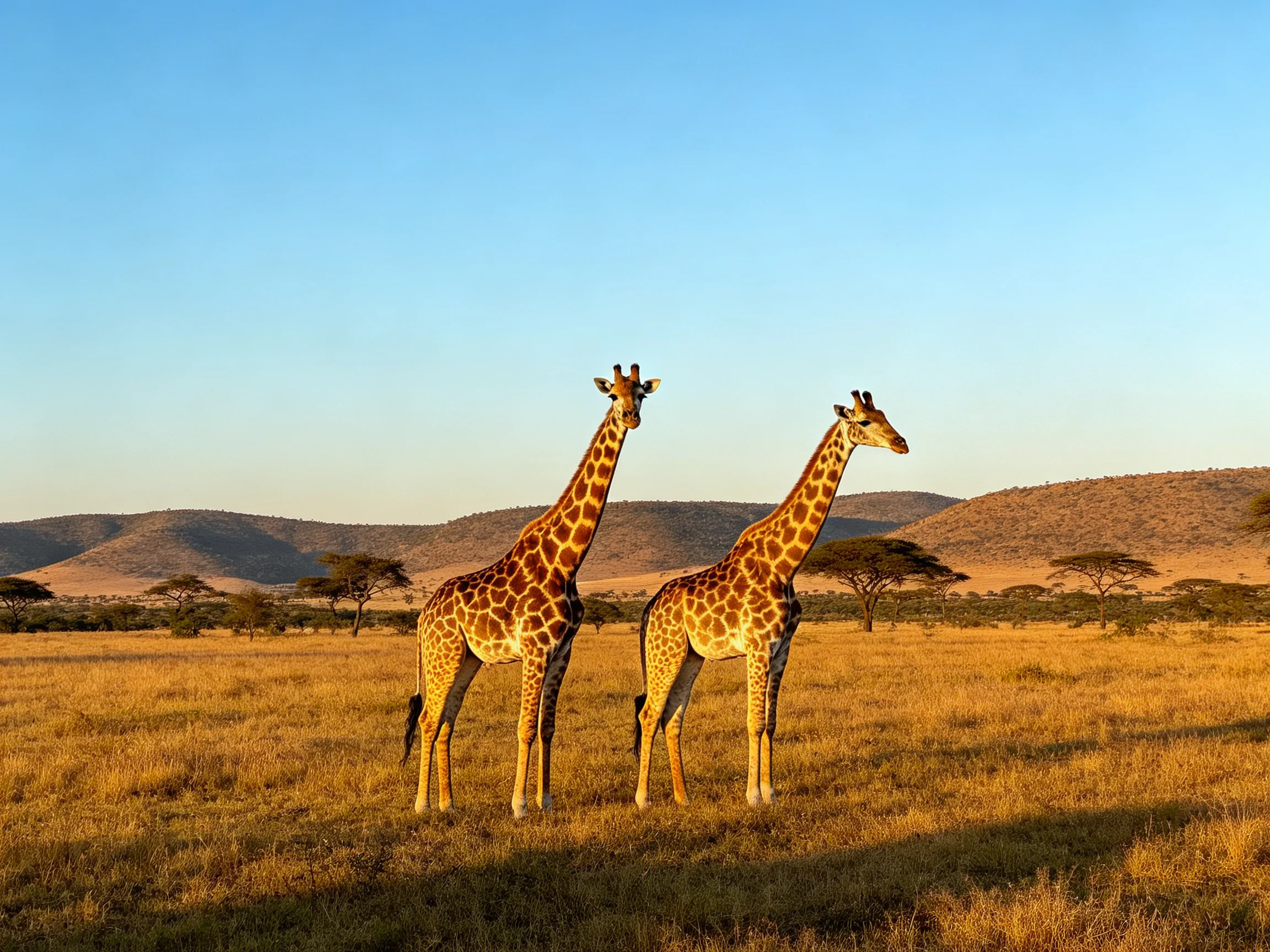 Two giraffes in a golden savannah with rolling hills and blue sky