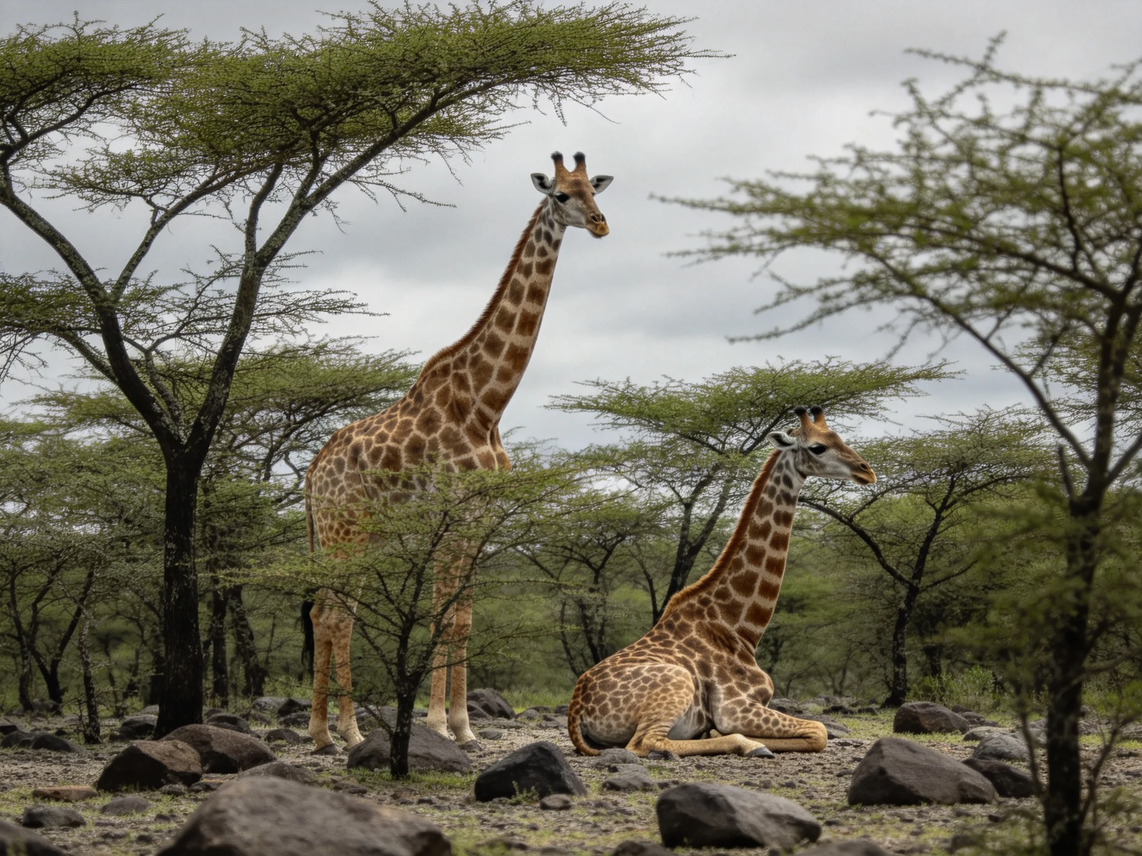 Two giraffes in a rocky savannah with acacia trees