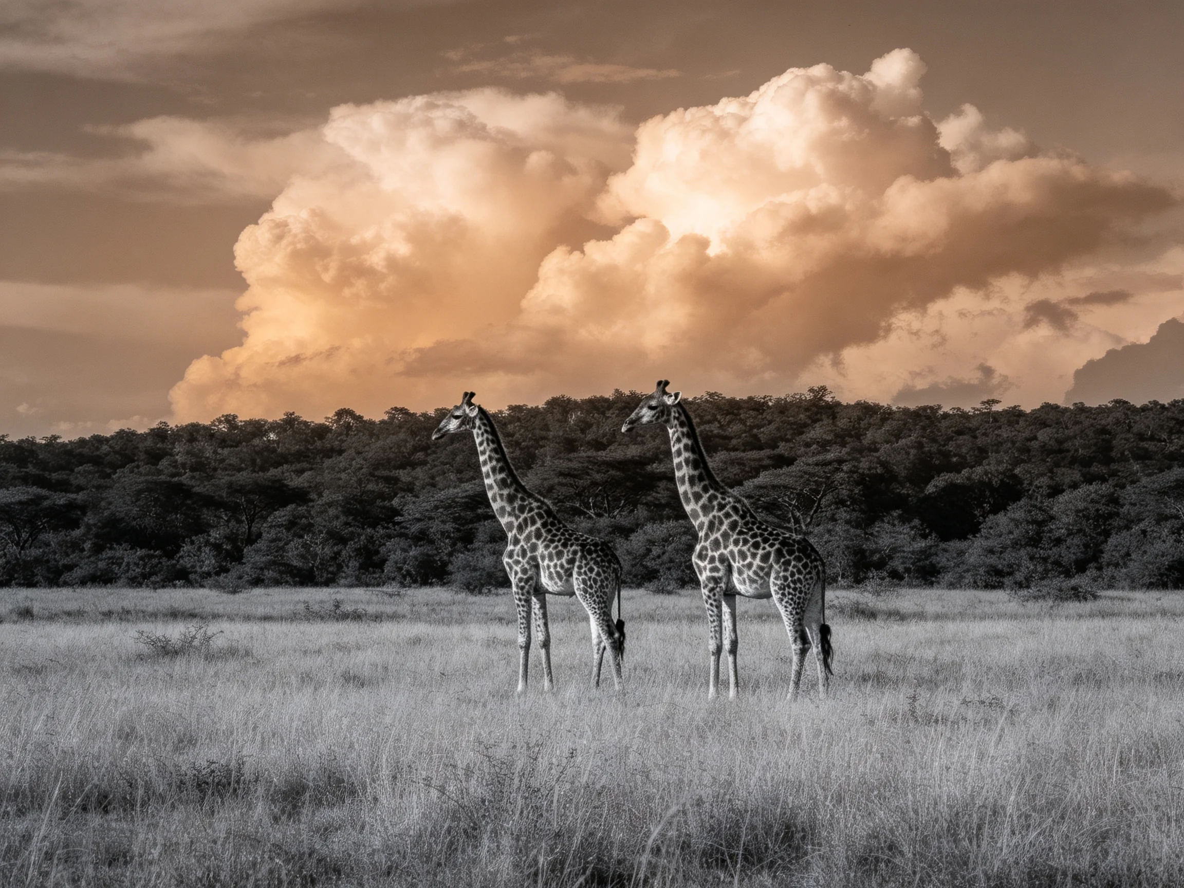 Two giraffes in a savannah beneath large golden clouds