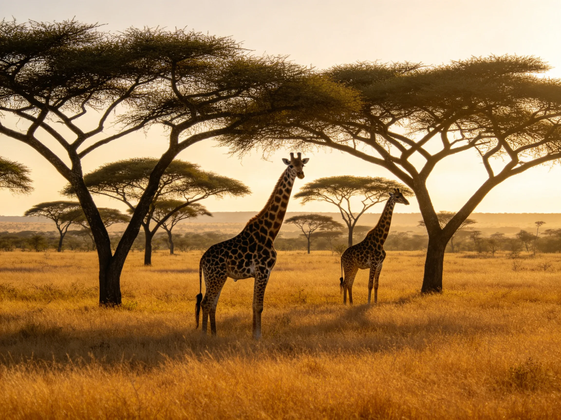 Two giraffes in golden savannah with acacia trees