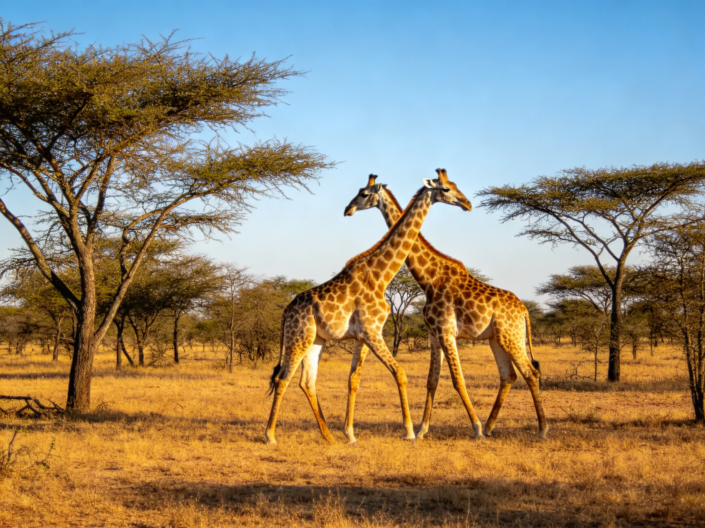 Two giraffes interact near acacia trees in a golden savannah landscape