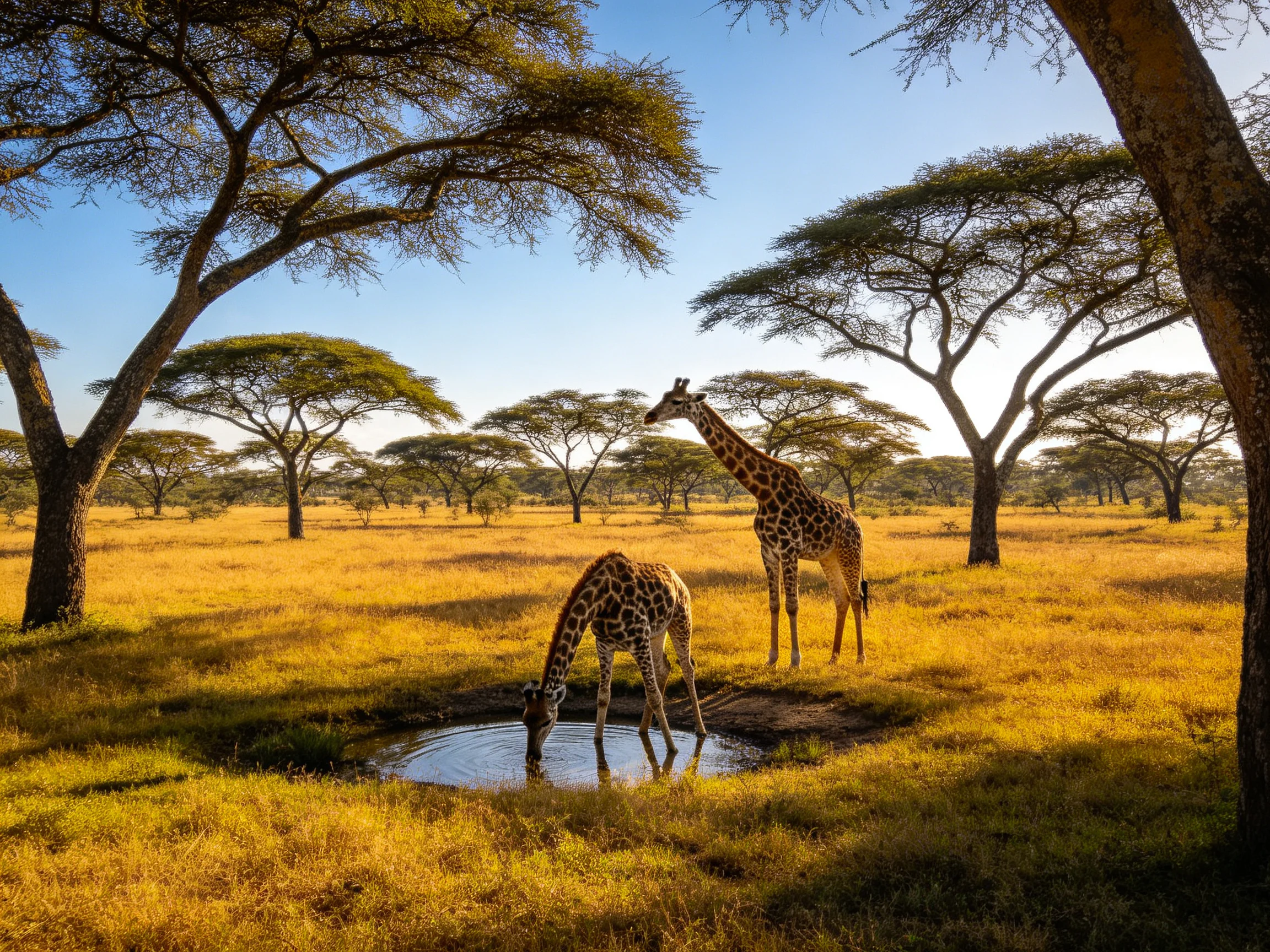Two giraffes near a waterhole in golden savanna