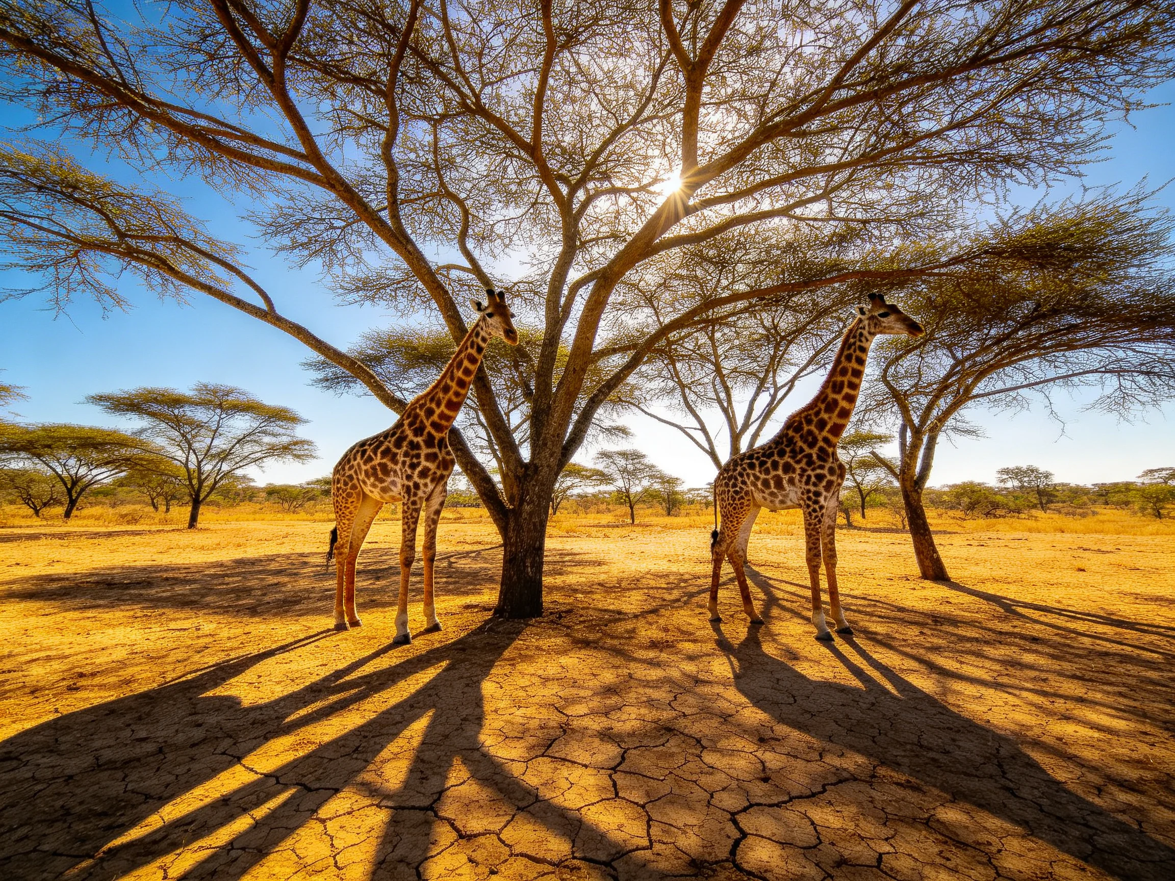 Two giraffes near acacia trees on golden savannah under bright sun