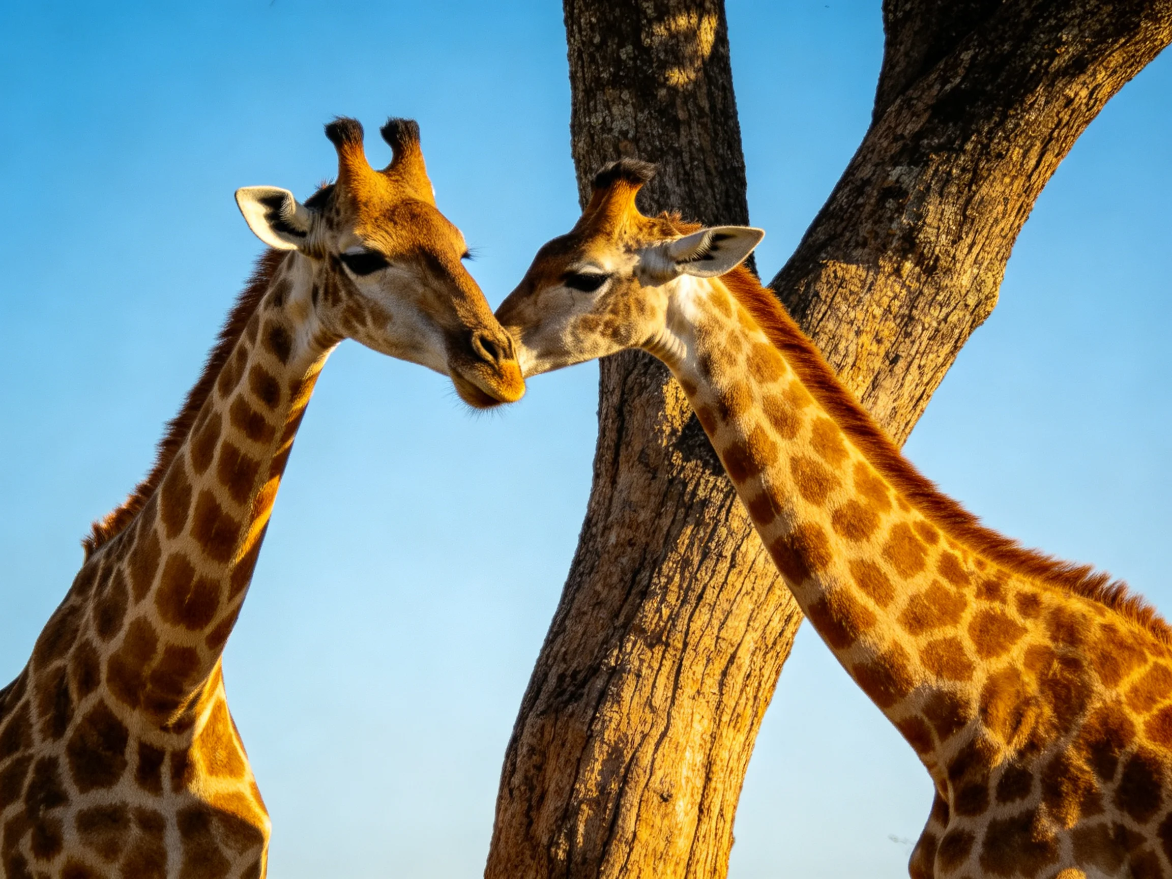 Two giraffes nuzzle by a large brown tree under a clear blue sky