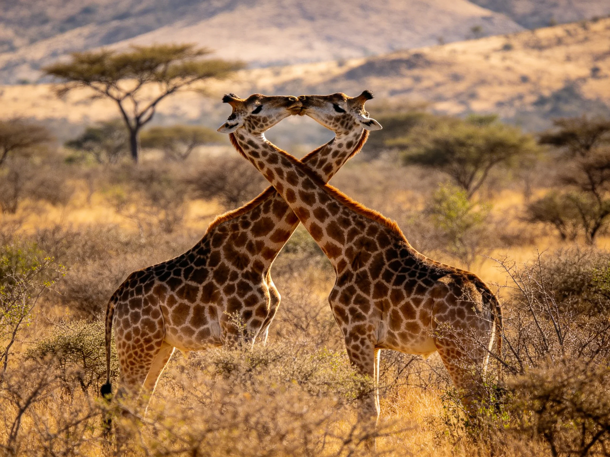 Two giraffes nuzzle in sunlit savannah with acacia trees