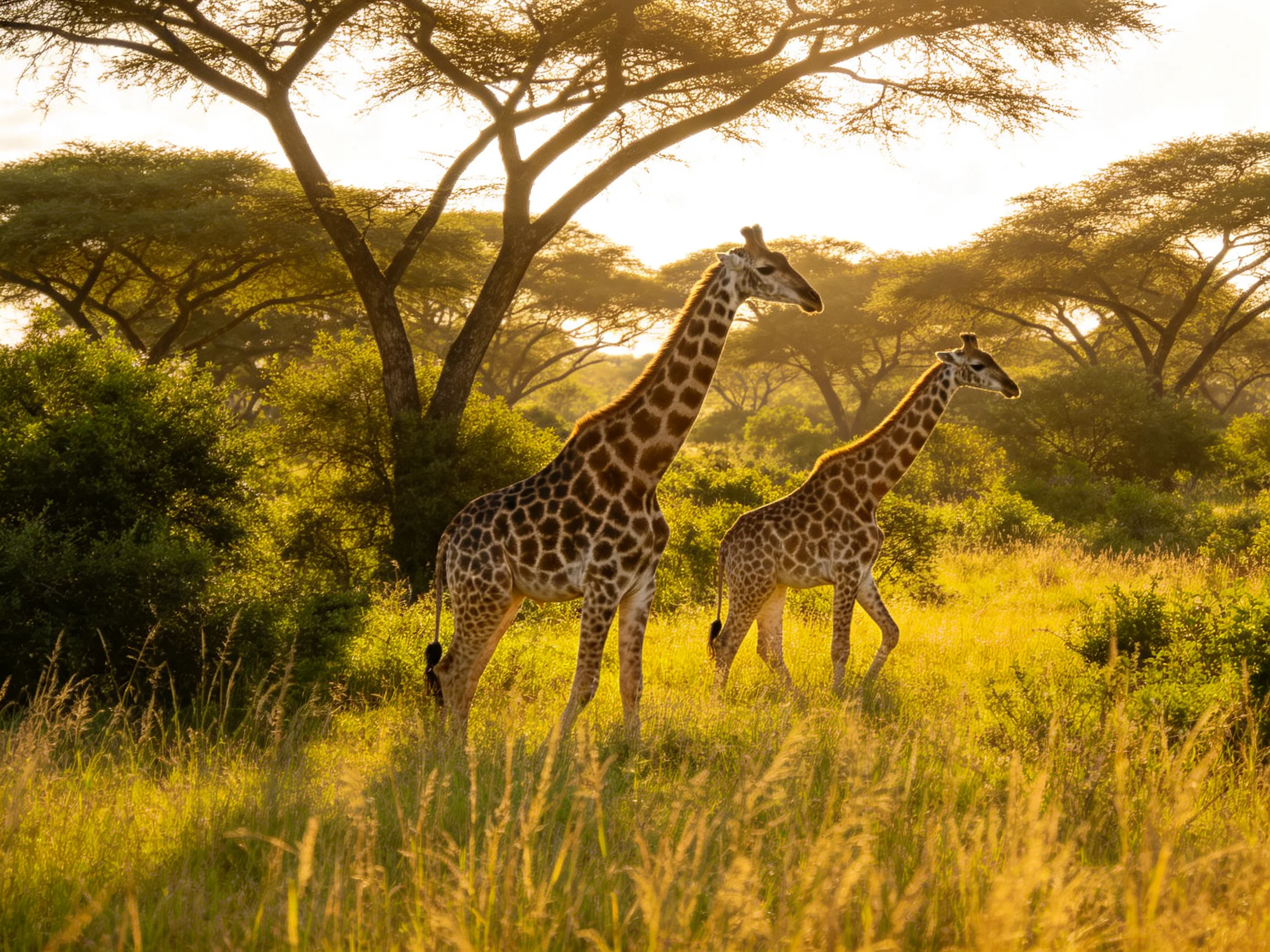 Two giraffes roam a golden savannah with acacia trees