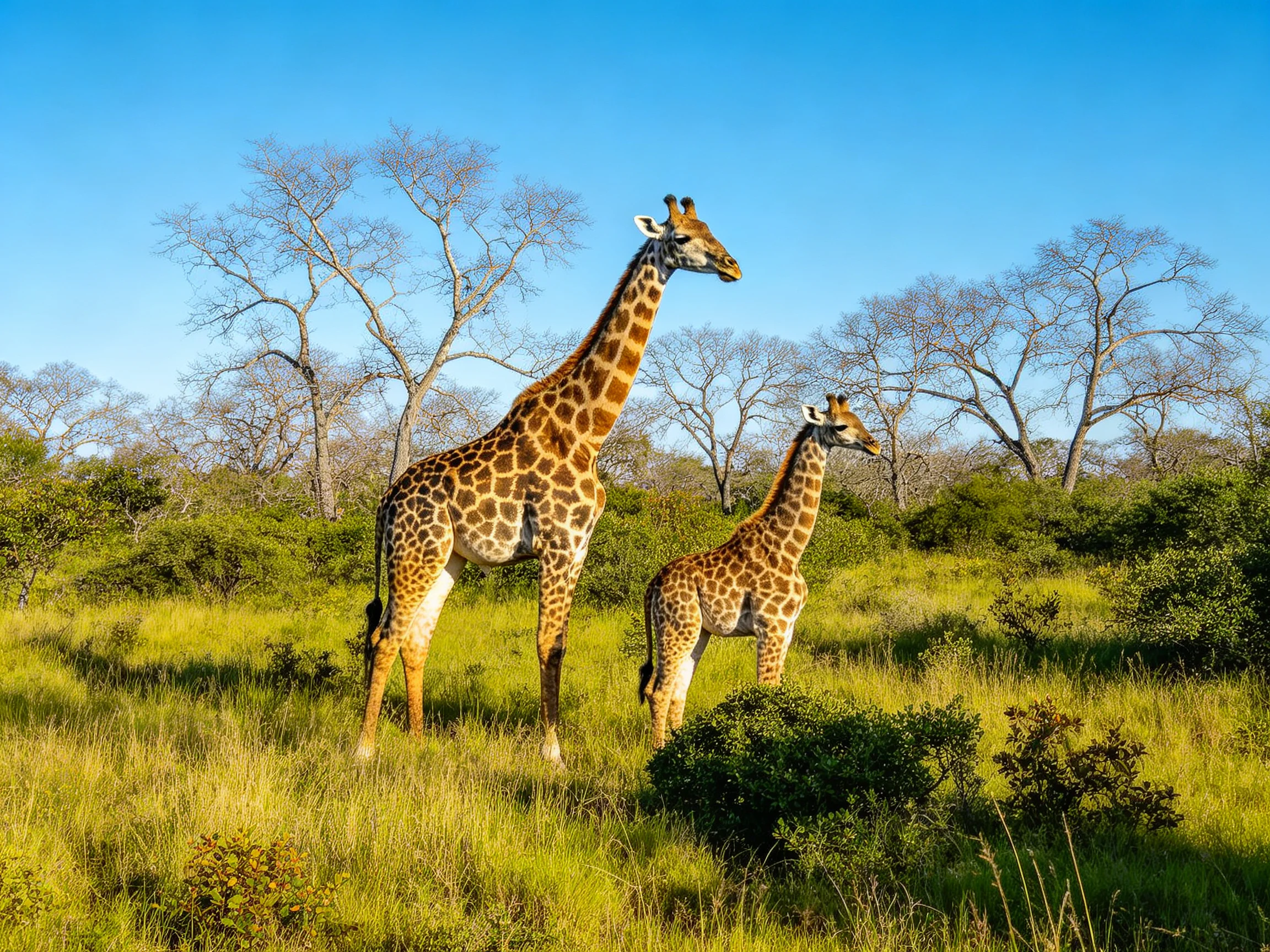 Two giraffes stand among vibrant greenery under a clear blue sky