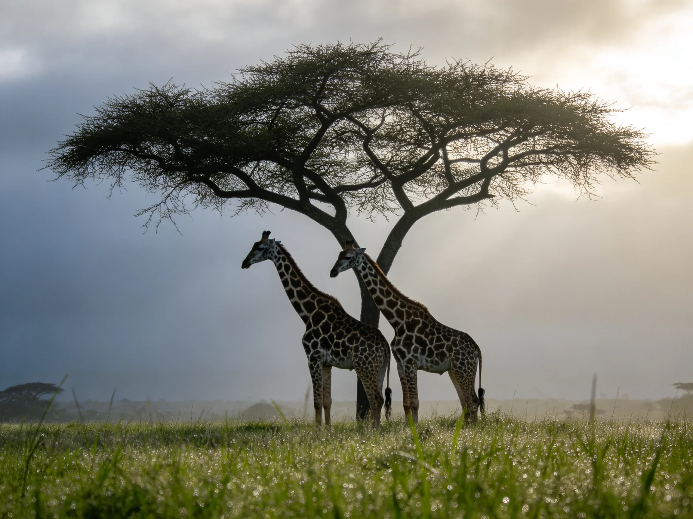 Two giraffes stand beneath a sprawling acacia tree in a misty savannah landscape.