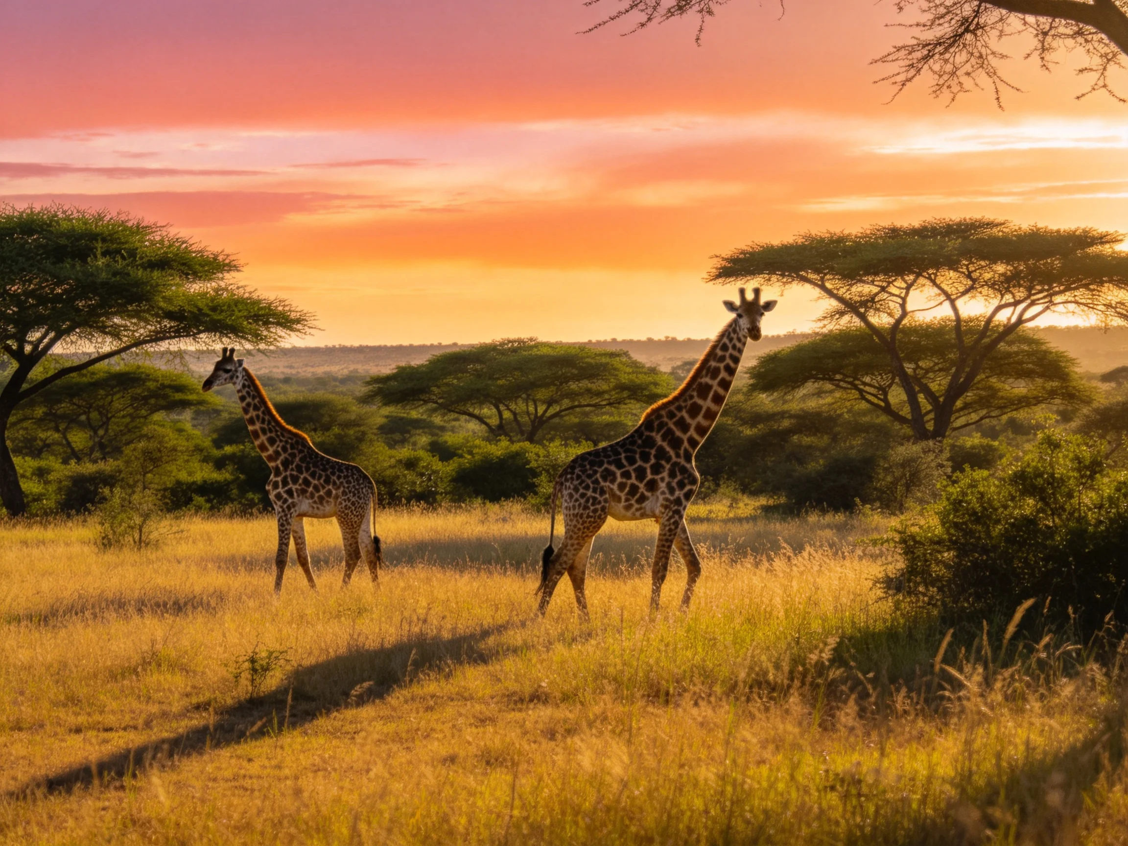 Two giraffes wander golden savannah near acacia trees at sunset