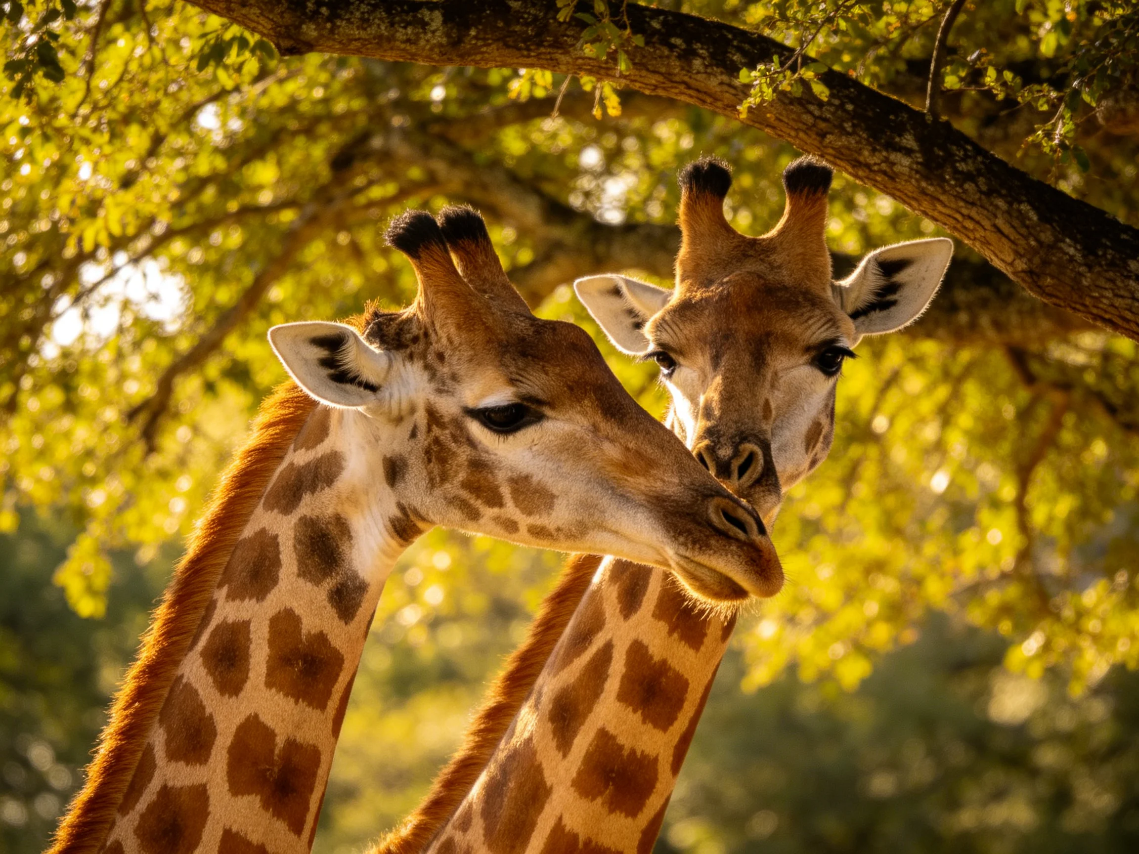 Two giraffes with brown and tan spotted coats gather under a leafy tree branch