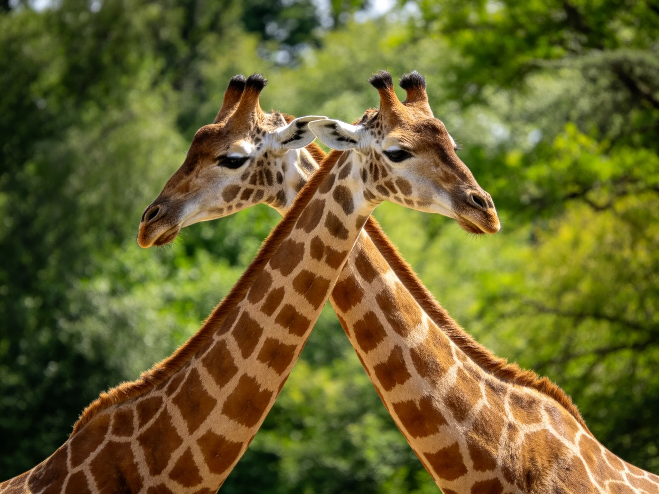 Two giraffes with brown and white patches near green trees