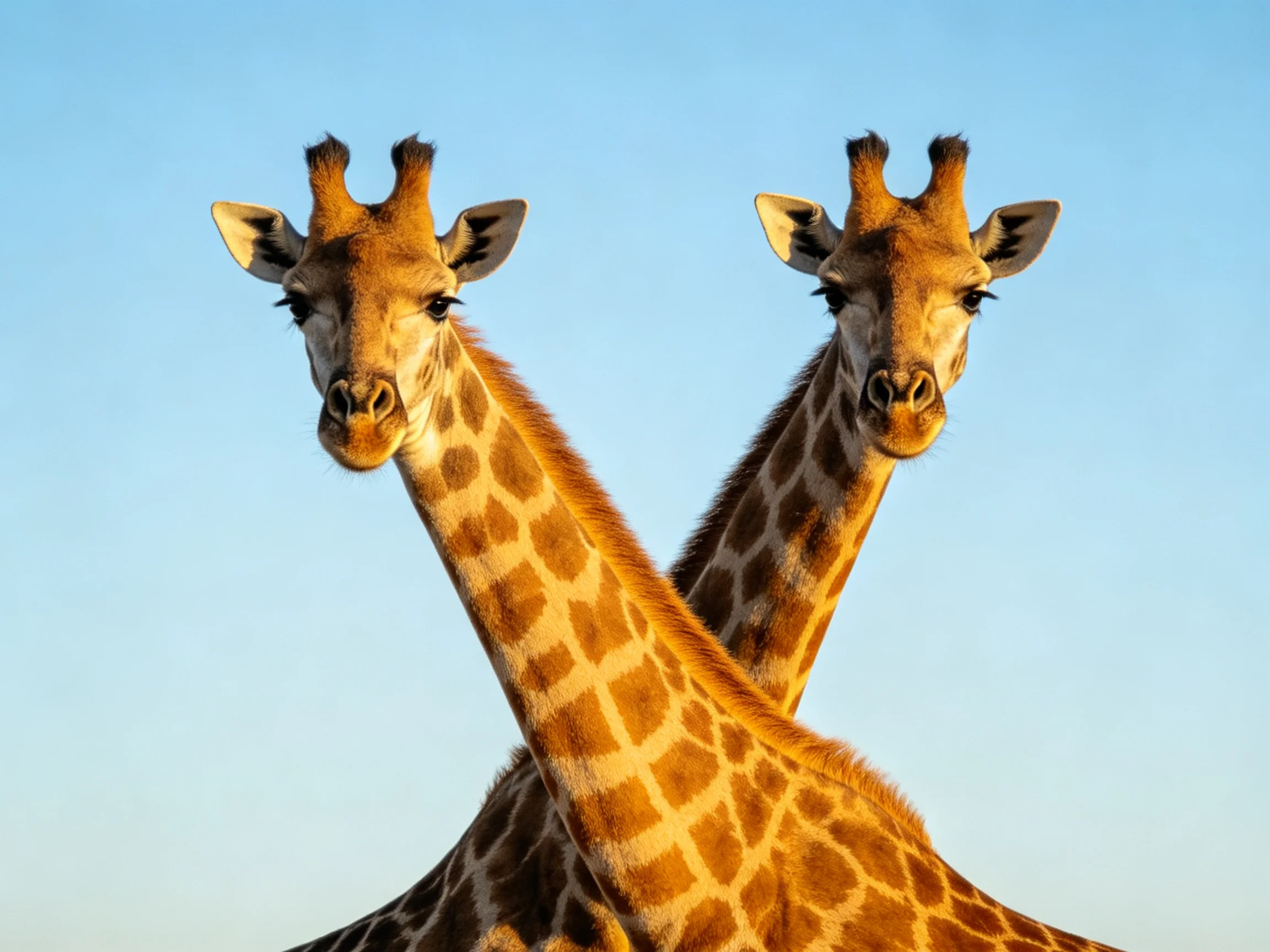 Two giraffes with brown and white patterned coats against a clear blue sky