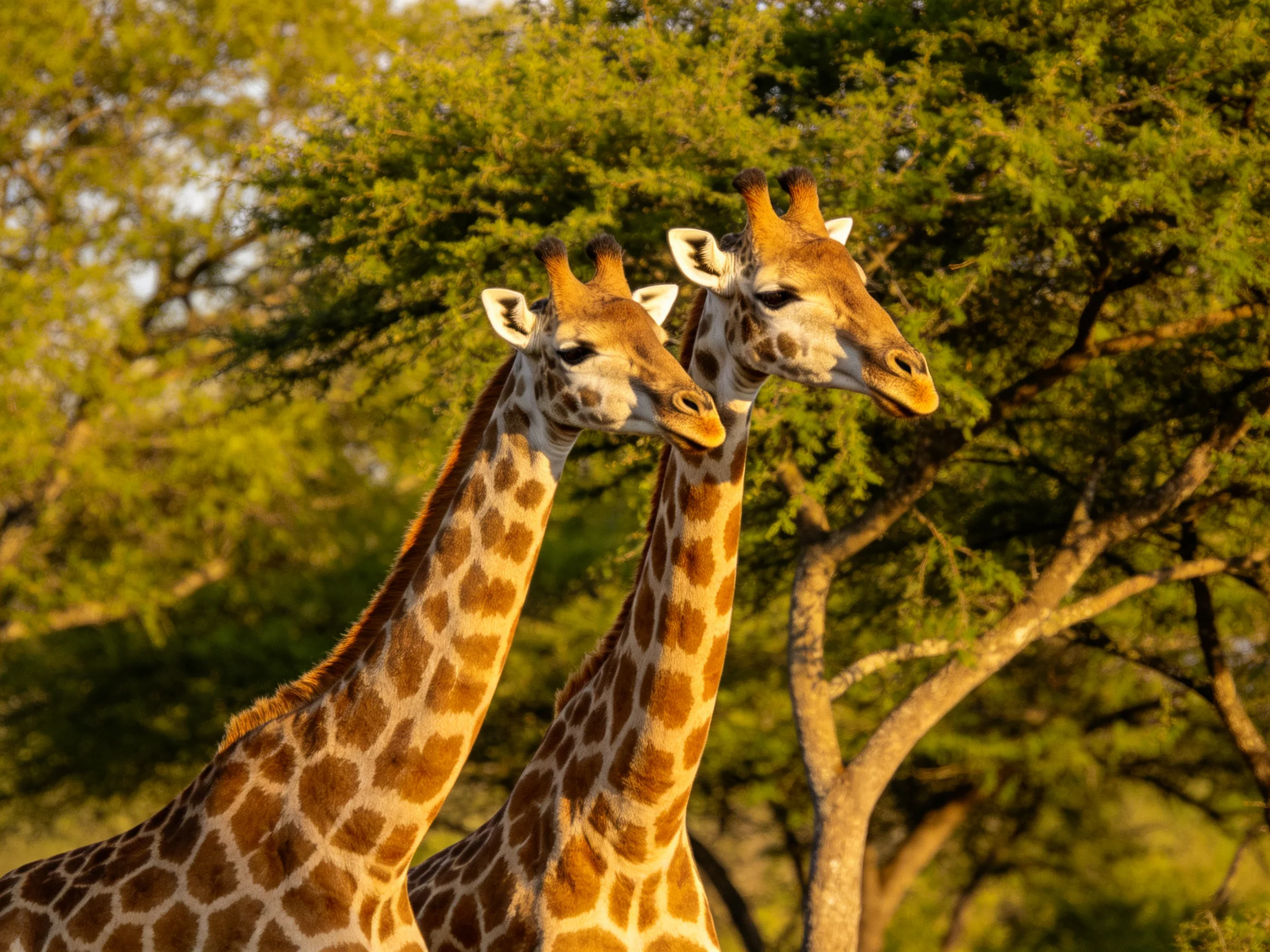 Two giraffes with brown pattern coats near green trees