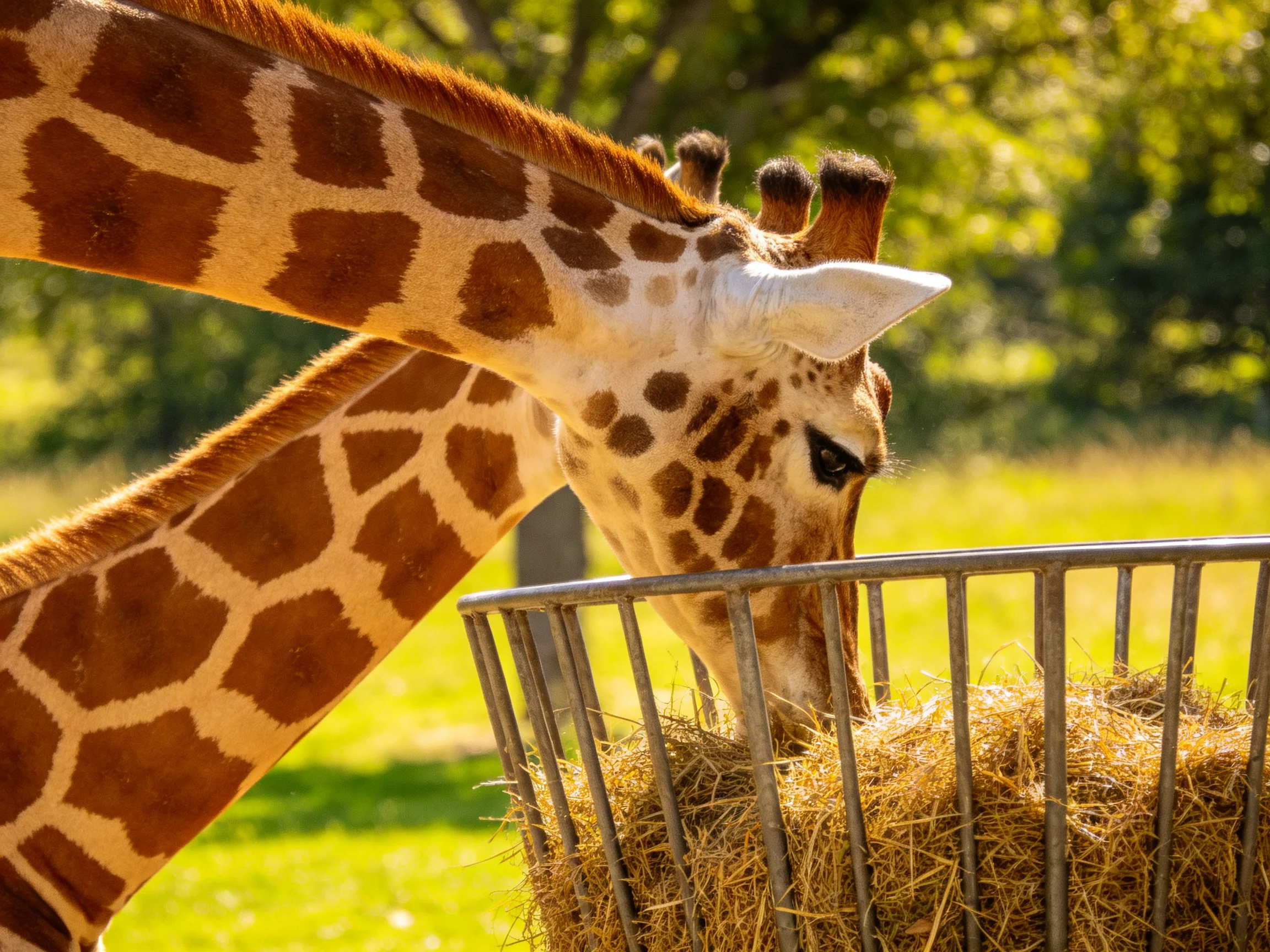 Two giraffes with brown spots eat hay from a metal feeder in bright daylight.