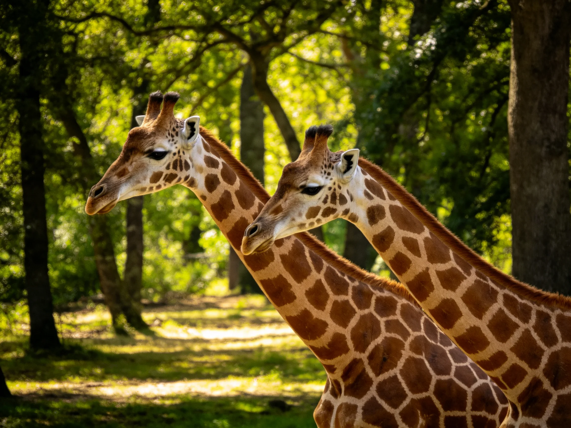 Two giraffes stand together amid sunlit trees and greenery.