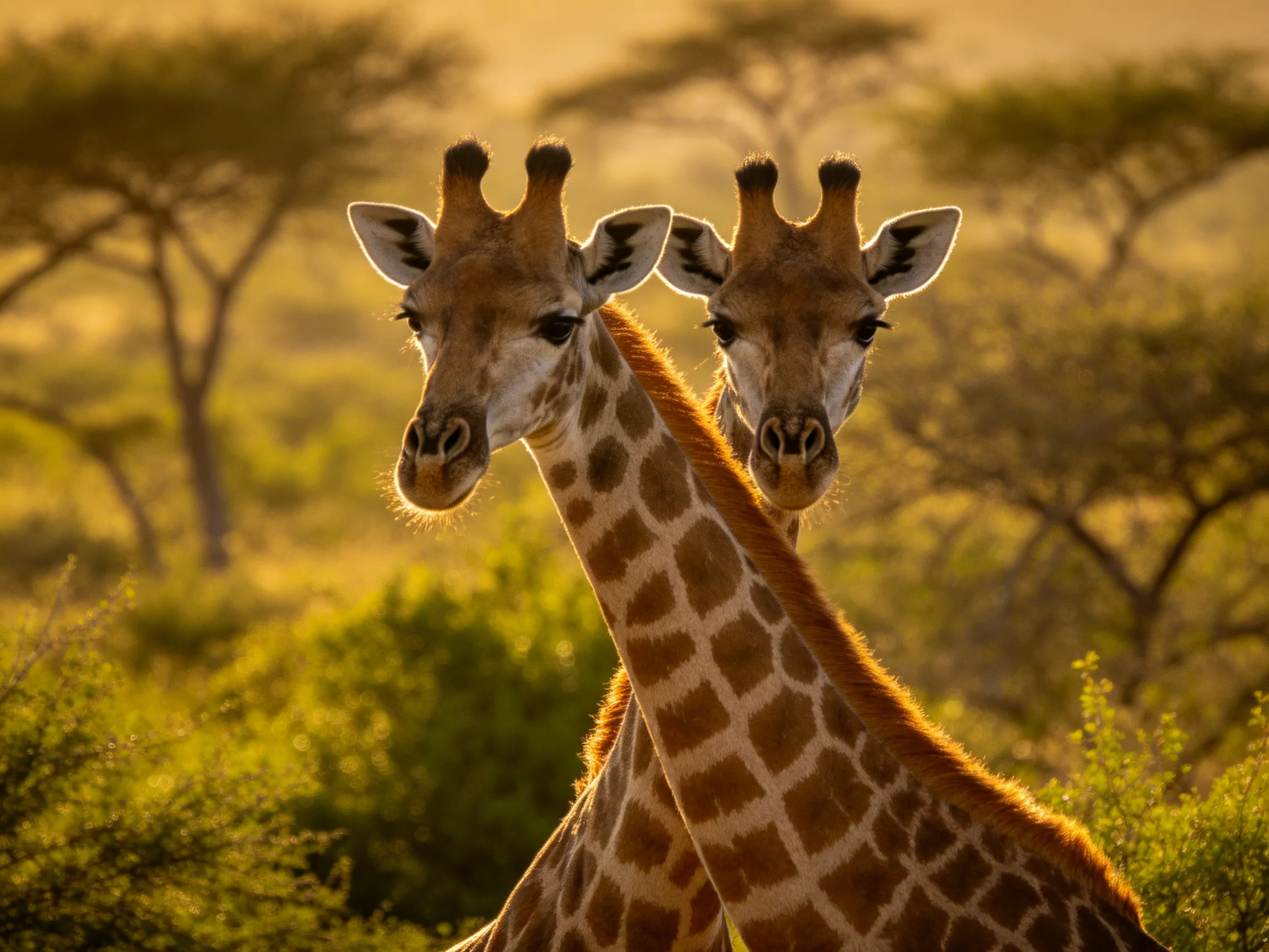Two giraffes with brown-spotted coats in golden savannah
