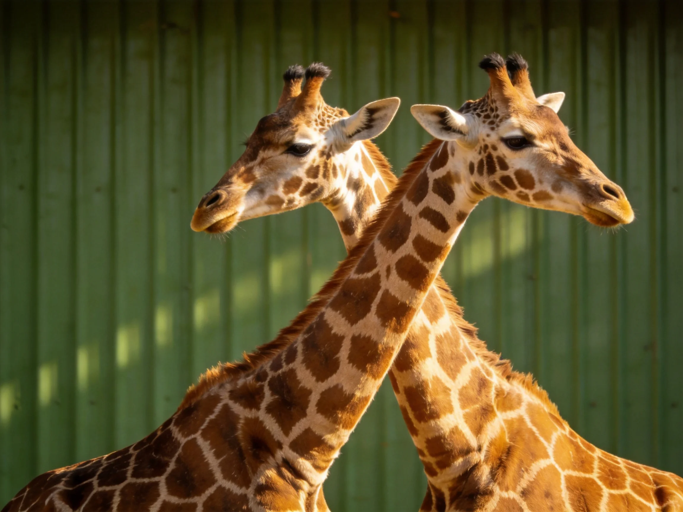 Two giraffes with brown-spotted coats near a green wall