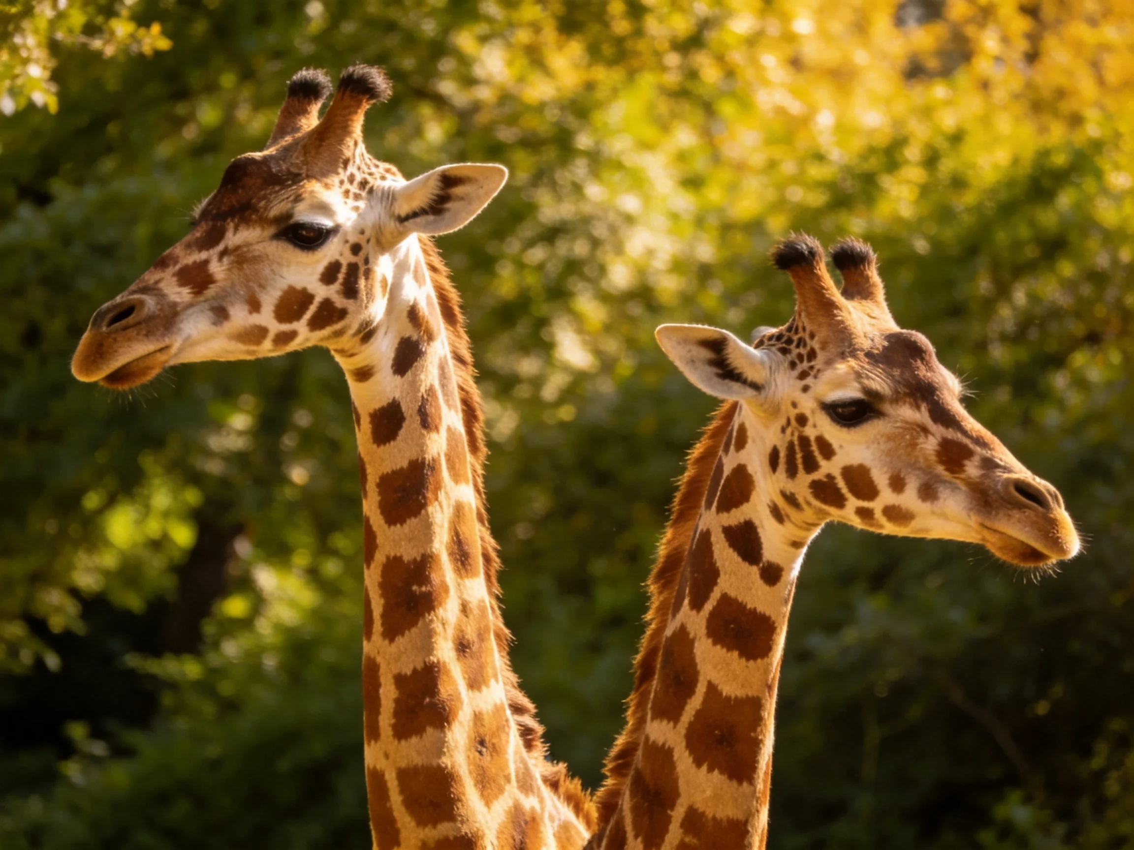 Two giraffes with brown-spotted coats near leafy green trees