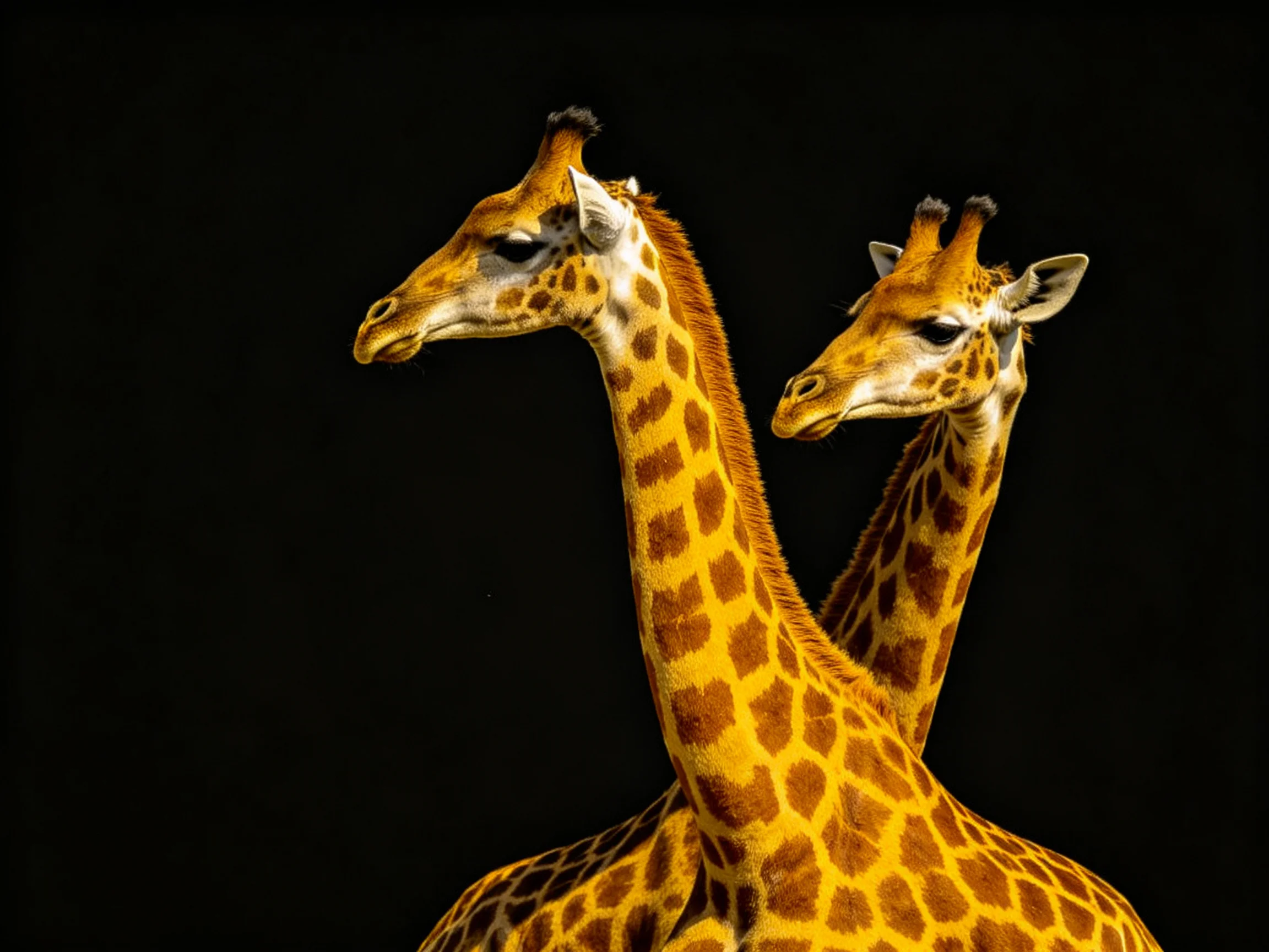 Two giraffes with brown-yellow spotted patterns on a black background